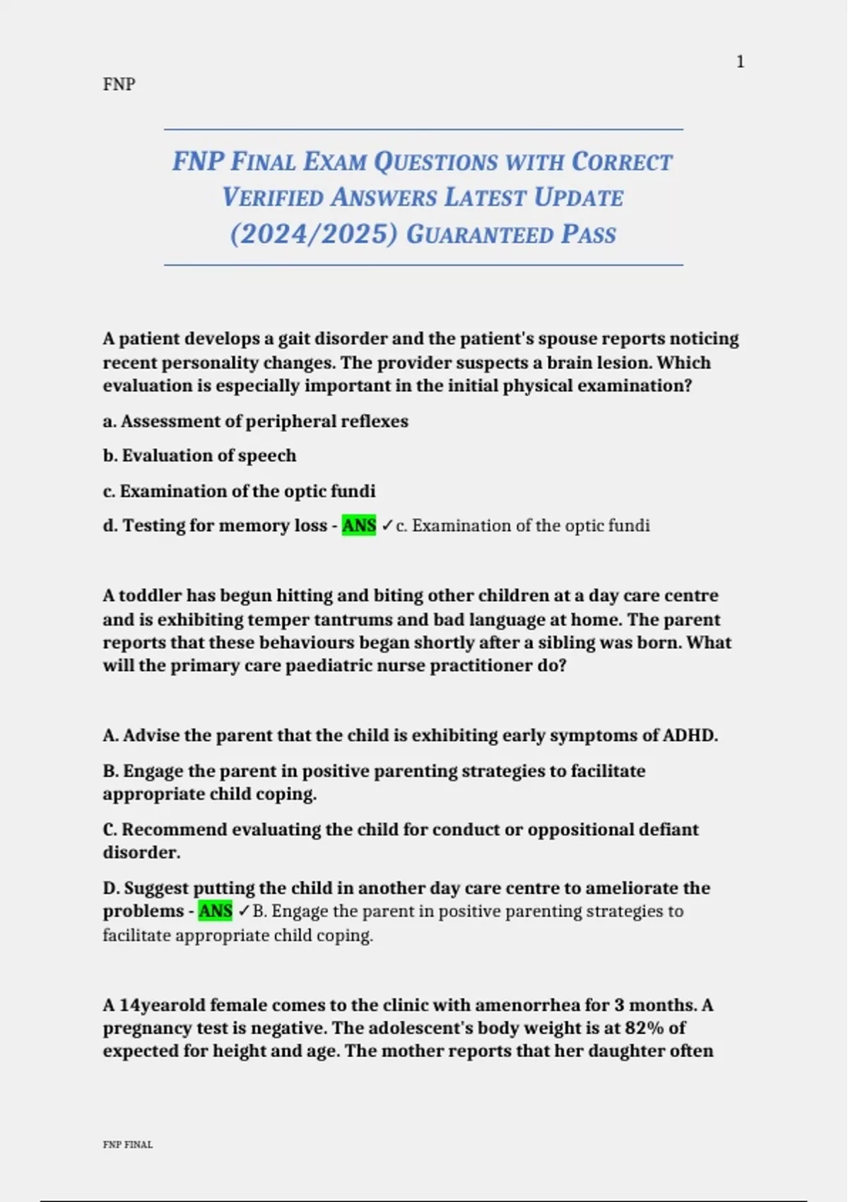 FNP FINAL EXAM QUESTIONS WITH CORRECT VERIFIED ANSWERS LATEST UPDATE ...