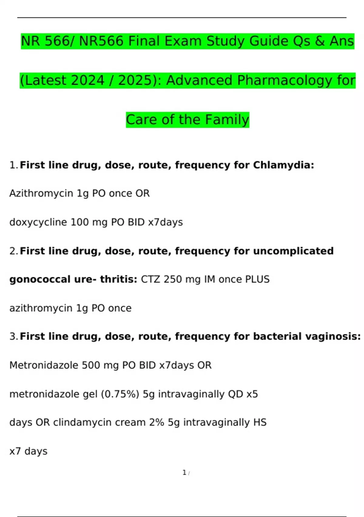NR 566/ NR566 Final Exam Study Guide Qs & Ans (Latest 2024 / 2025 ...