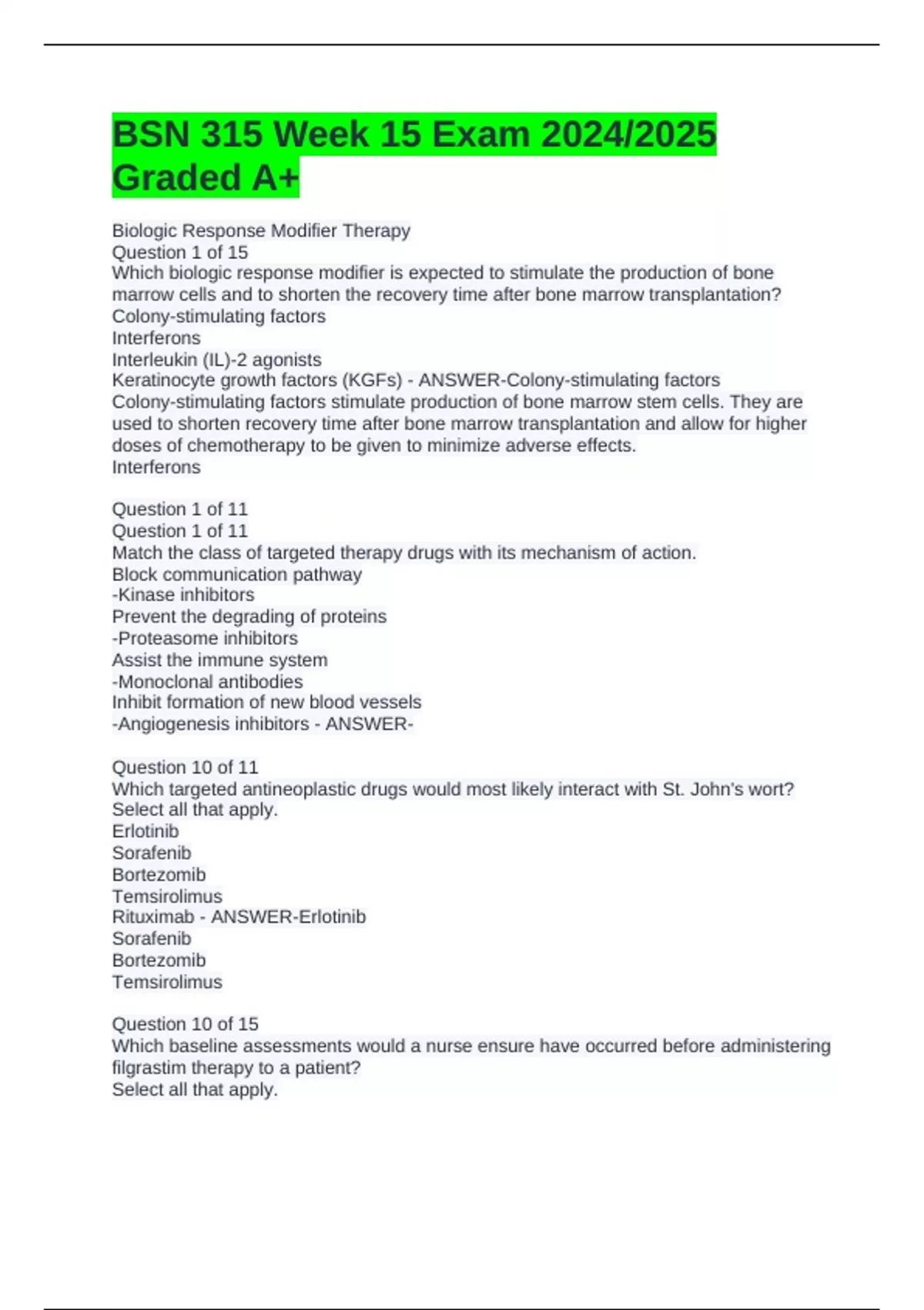 BSN 315 Week 15 Exam 2024/2025 Graded A+ - BSN 315 - Stuvia US