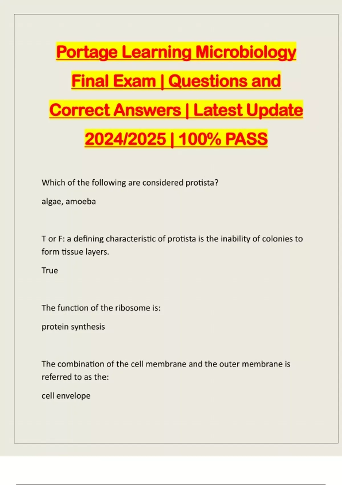 PORTAGE LEARNING MICROBIOLOGY FINAL EXAM ACTUAL 2025/2026 QUESTIONS AND ...
