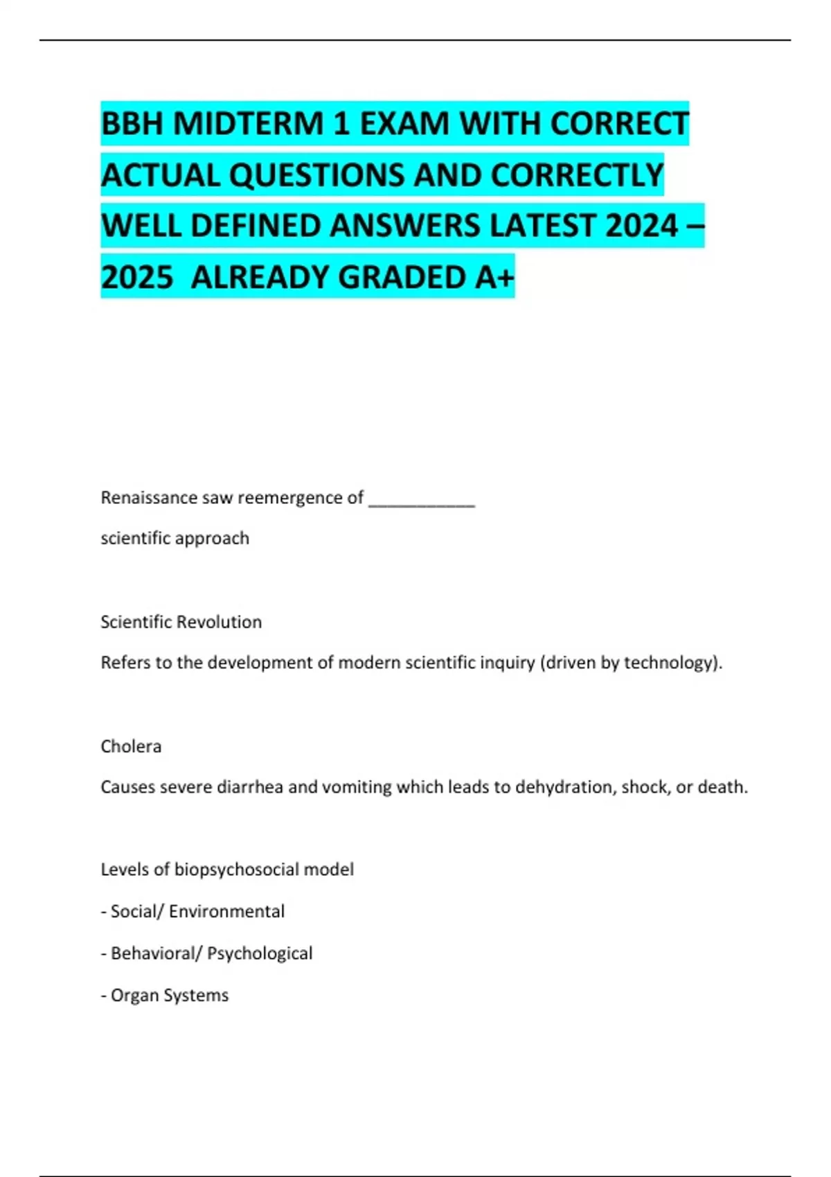 BBH MIDTERM 1 EXAM WITH CORRECT ACTUAL QUESTIONS AND CORRECTLY WELL ...