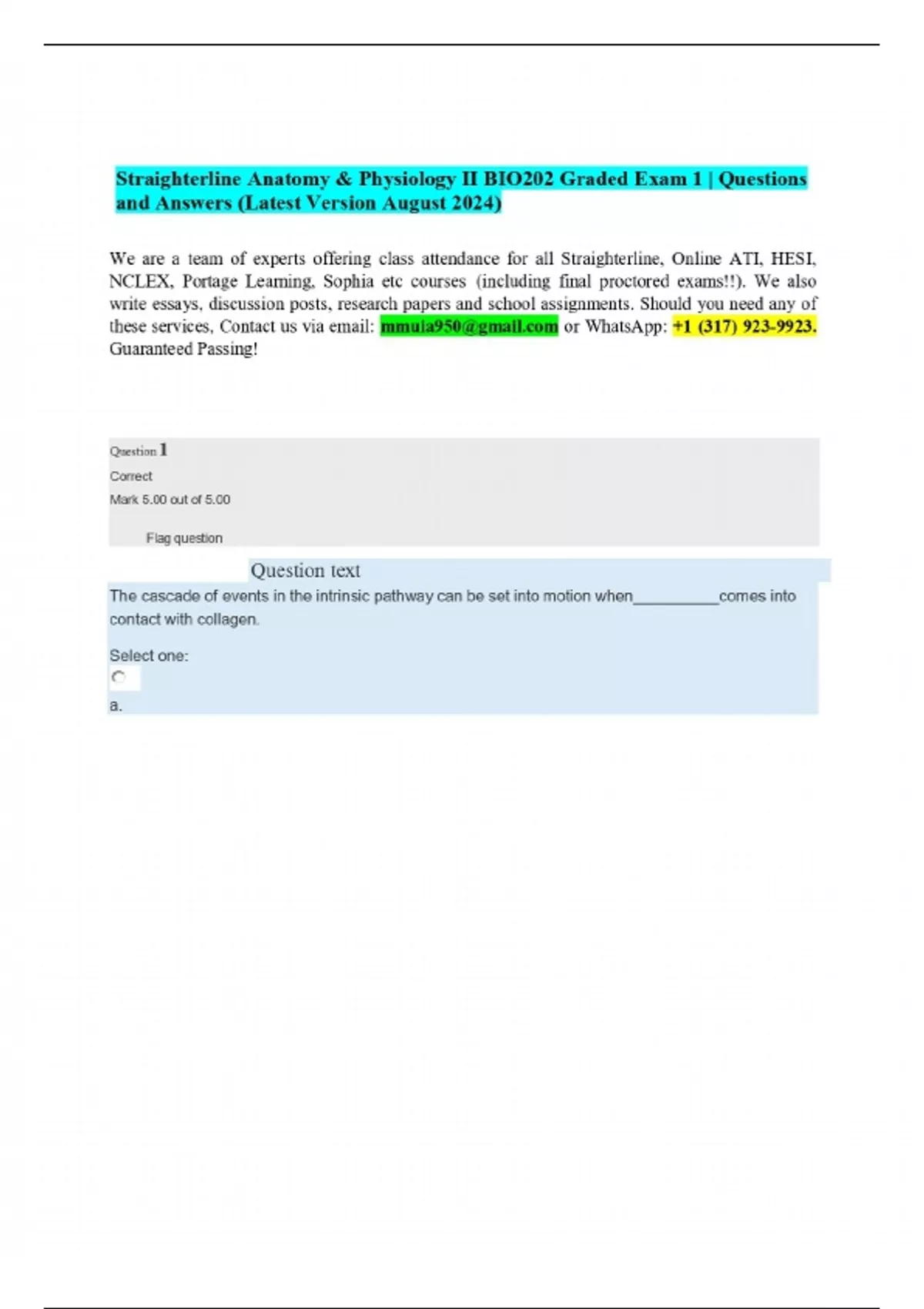 Straighterline Anatomy & Physiology II BIO202 Graded Exam 1 | Questions ...