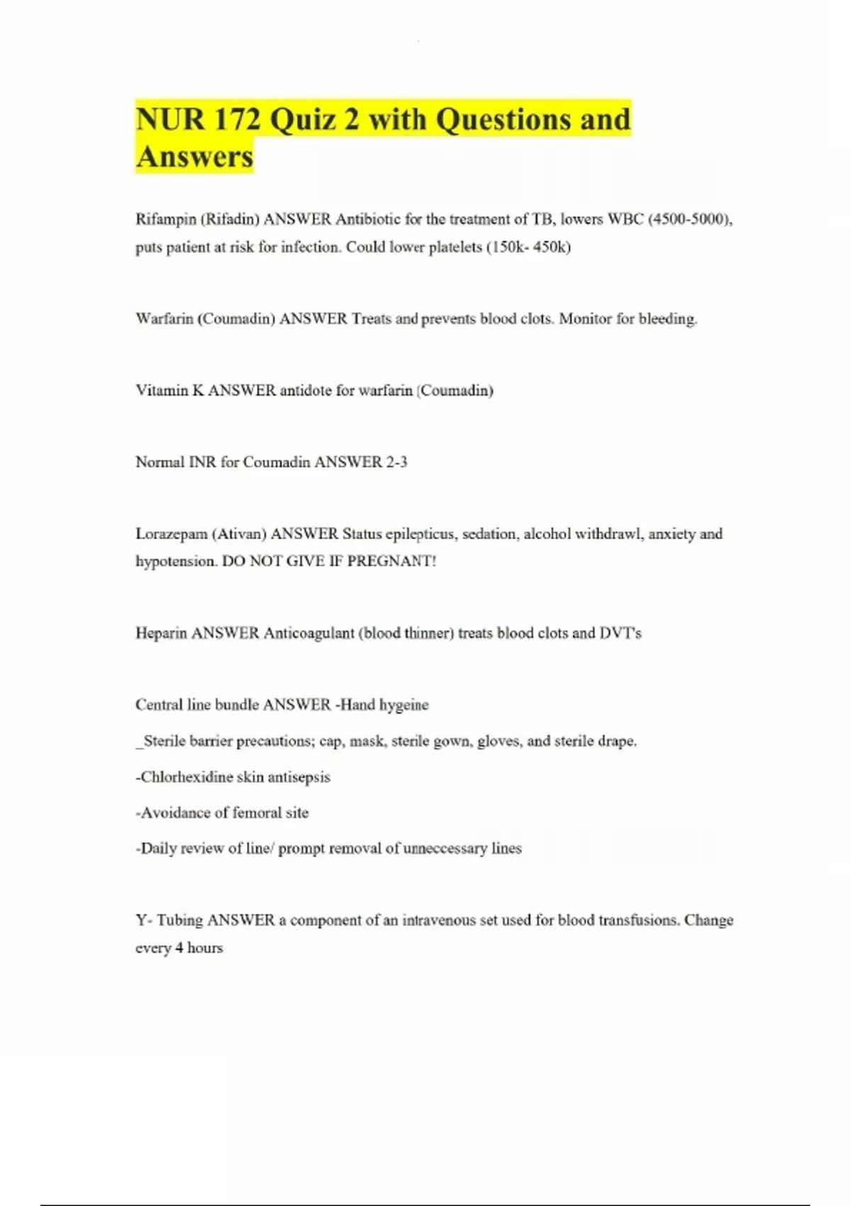 NUR 172 Quiz 2 with Questions and Answers - NUR 172 - Stuvia US