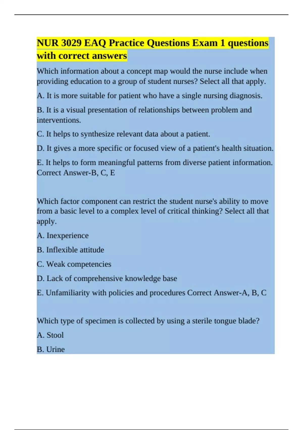 NUR 3029 EAQ Practice Questions Exam 1 questions with correct answers ...