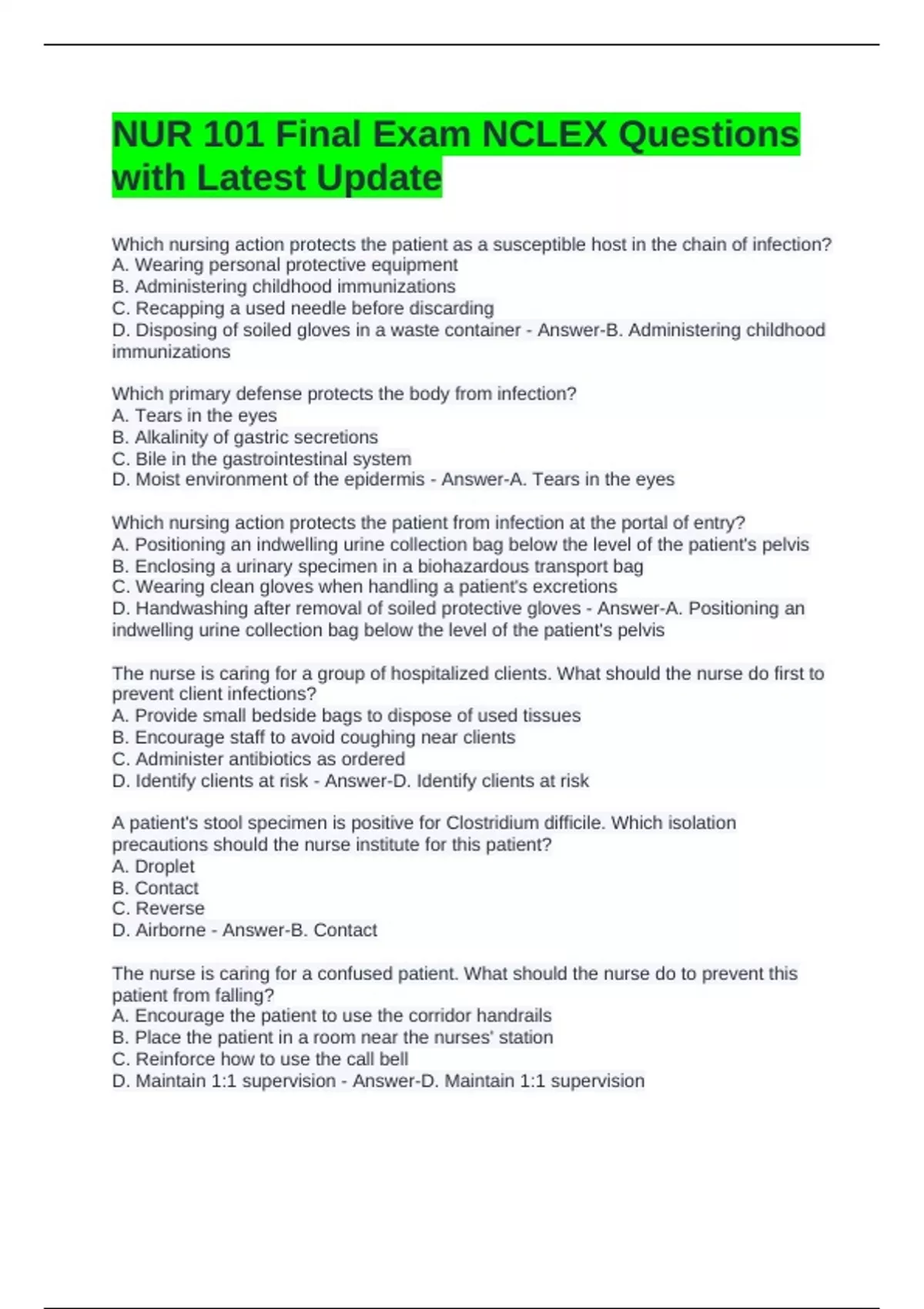 NUR 101 Final Exam NCLEX Questions with Latest Update - NUR101 - Stuvia US