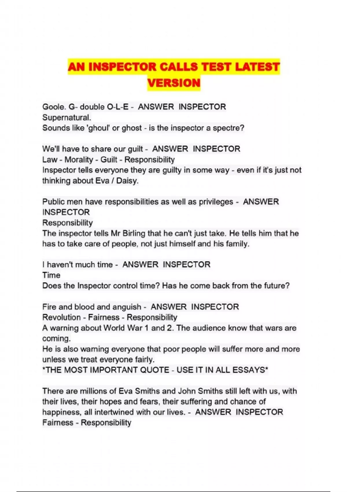 AN INSPECTOR CALLS TEST LATEST VERSION - AN INSPECTOR CALLS - Stuvia US