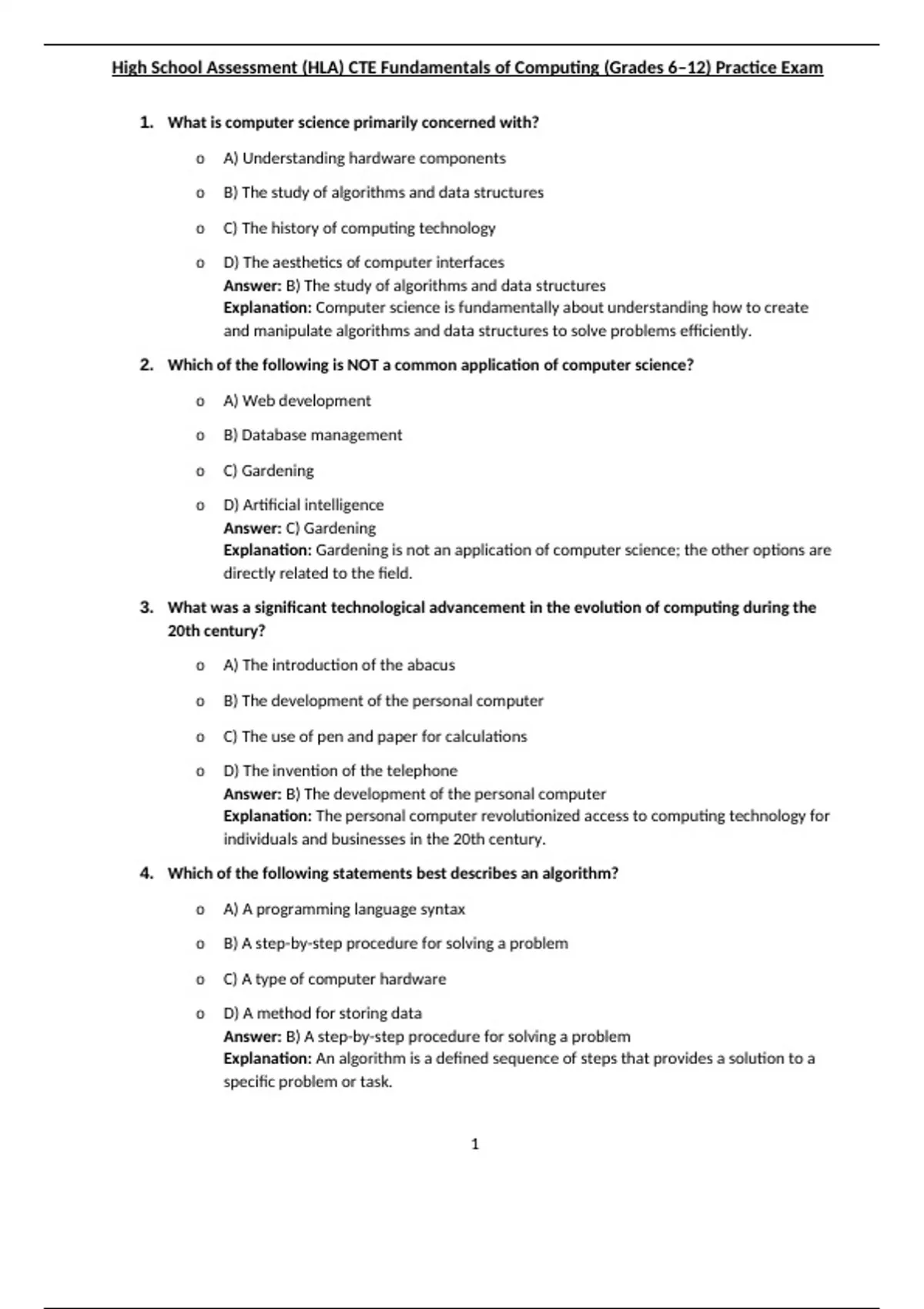 High School Assessment (HLA) CTE Fundamentals of Computing (Grades 6–12 ...