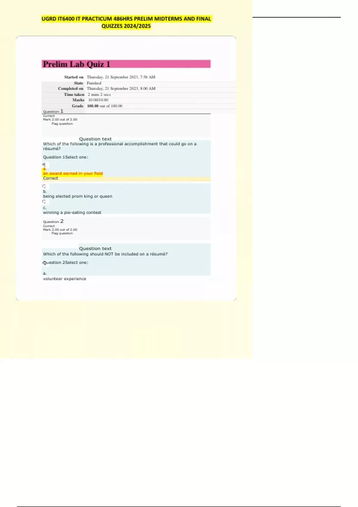 UGRD IT6400 IT PRACTICUM 486HRS PRELIM MIDTERMS AND FINAL QUIZZES 2024/ ...