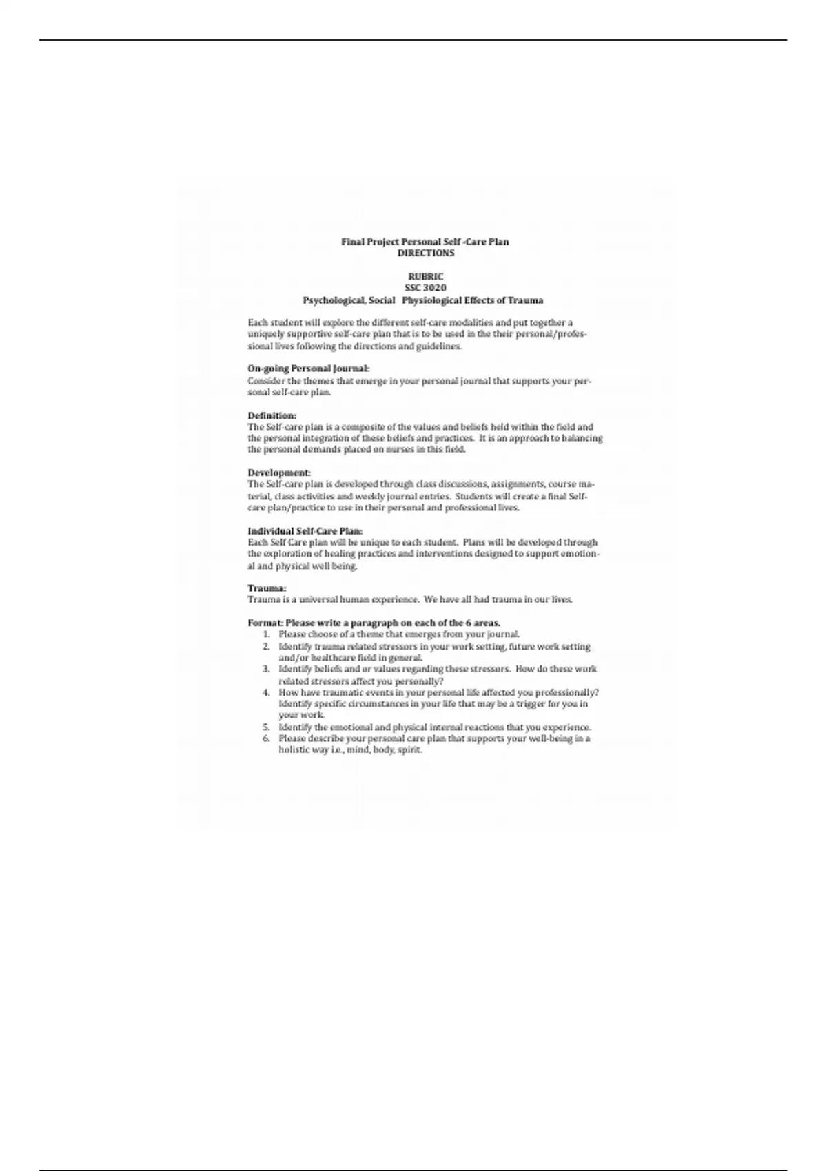 Summary Nur 1015 Final Project-Self Care Plan Rubric - NUR 1015 - Stuvia US