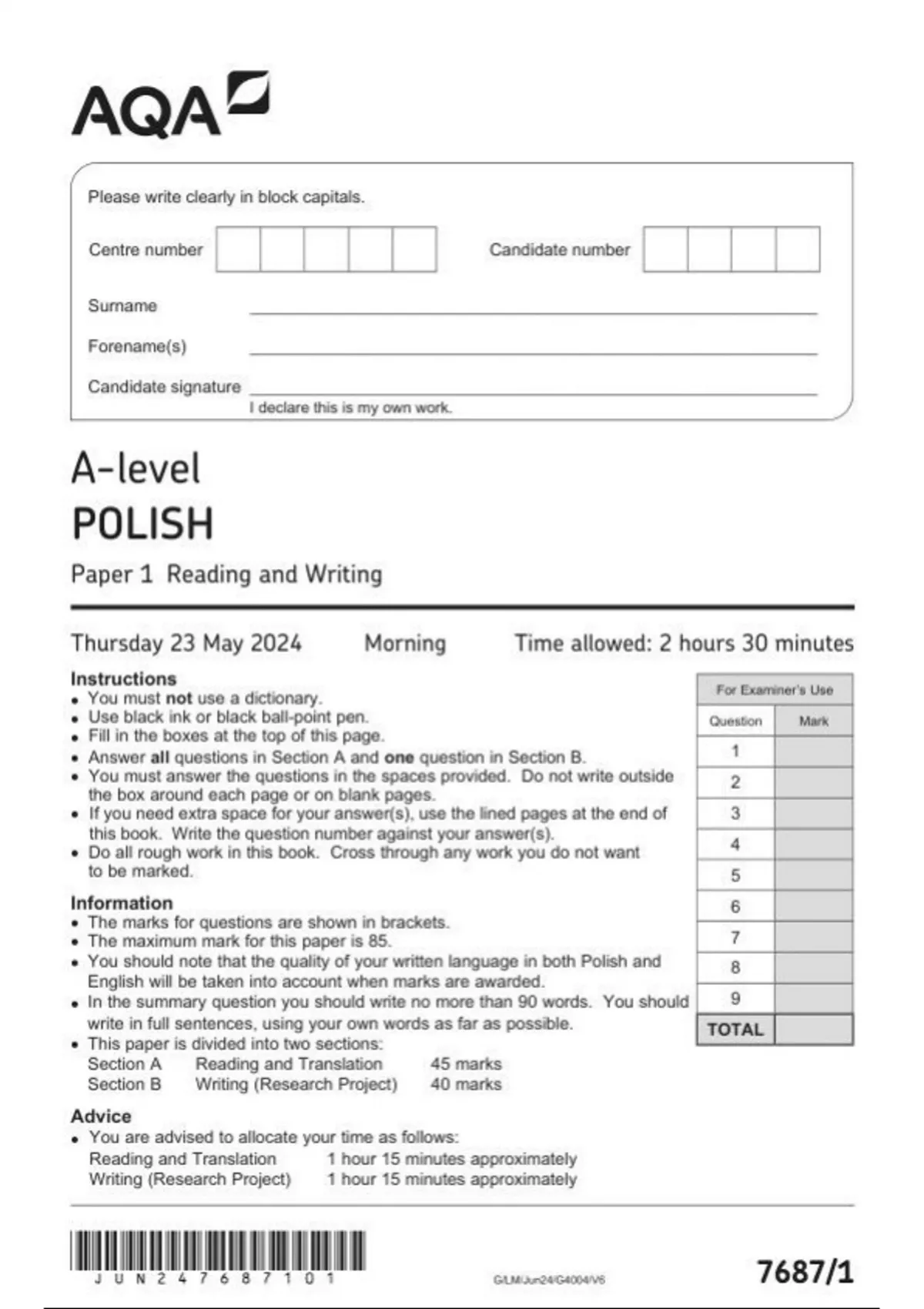 AQA A-level POLISH 7687-1 Paper 1 Reading and Writing question paper ...