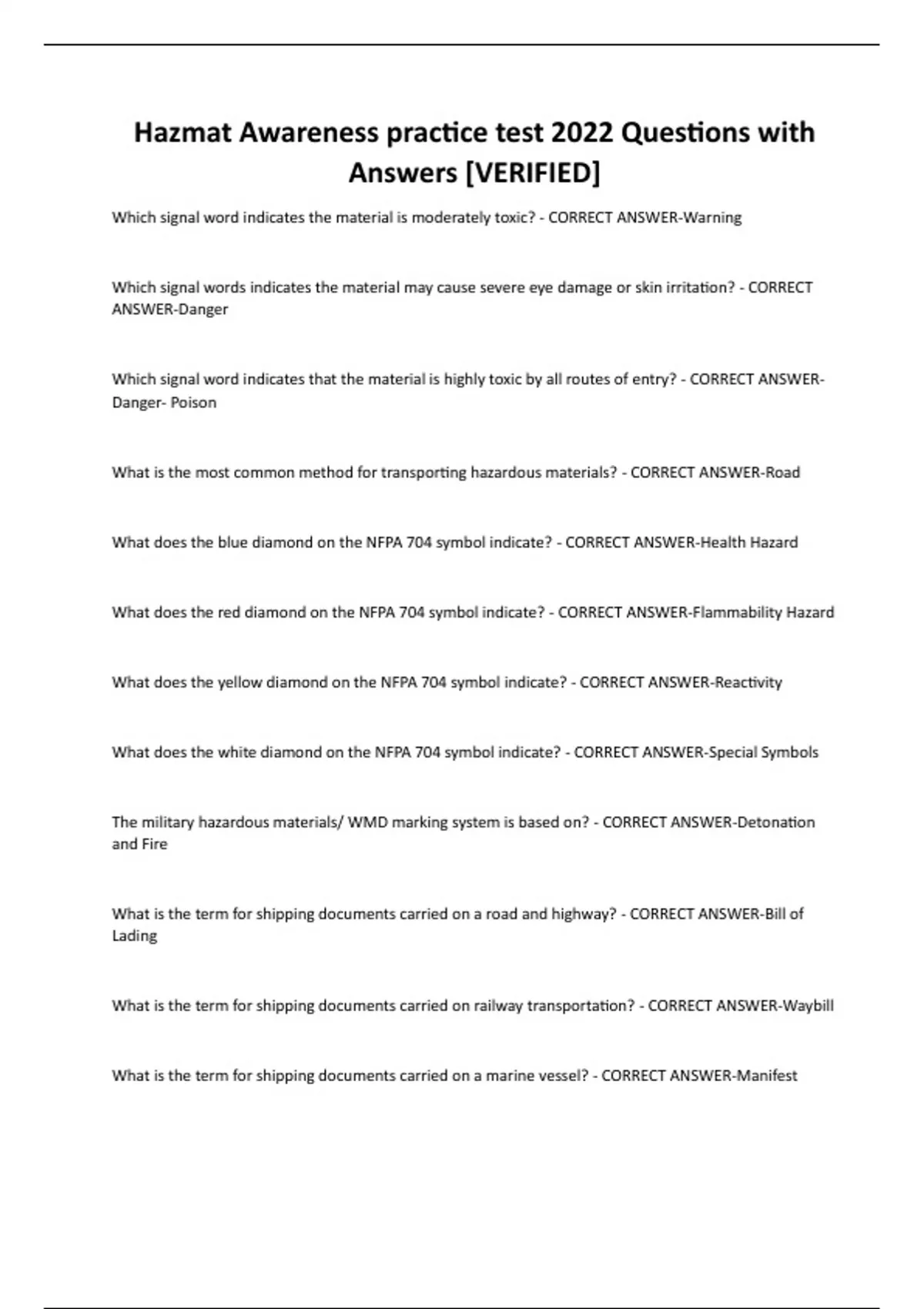 Hazmat Awareness Practice Test 2022 Questions With Answers Verified