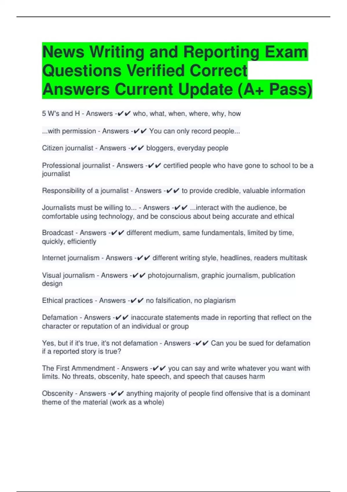 News Writing and Reporting Exam Questions Verified Correct Answers ...