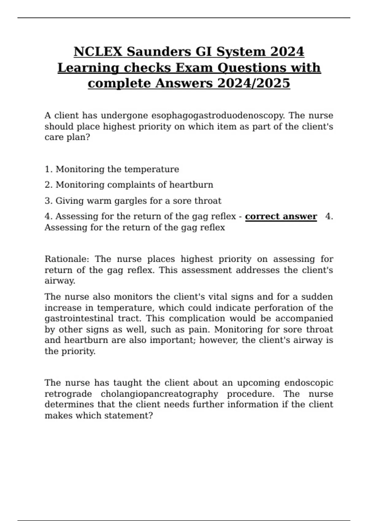 NCLEX Saunders GI System 2024 Learning checks Exam Questions with ...