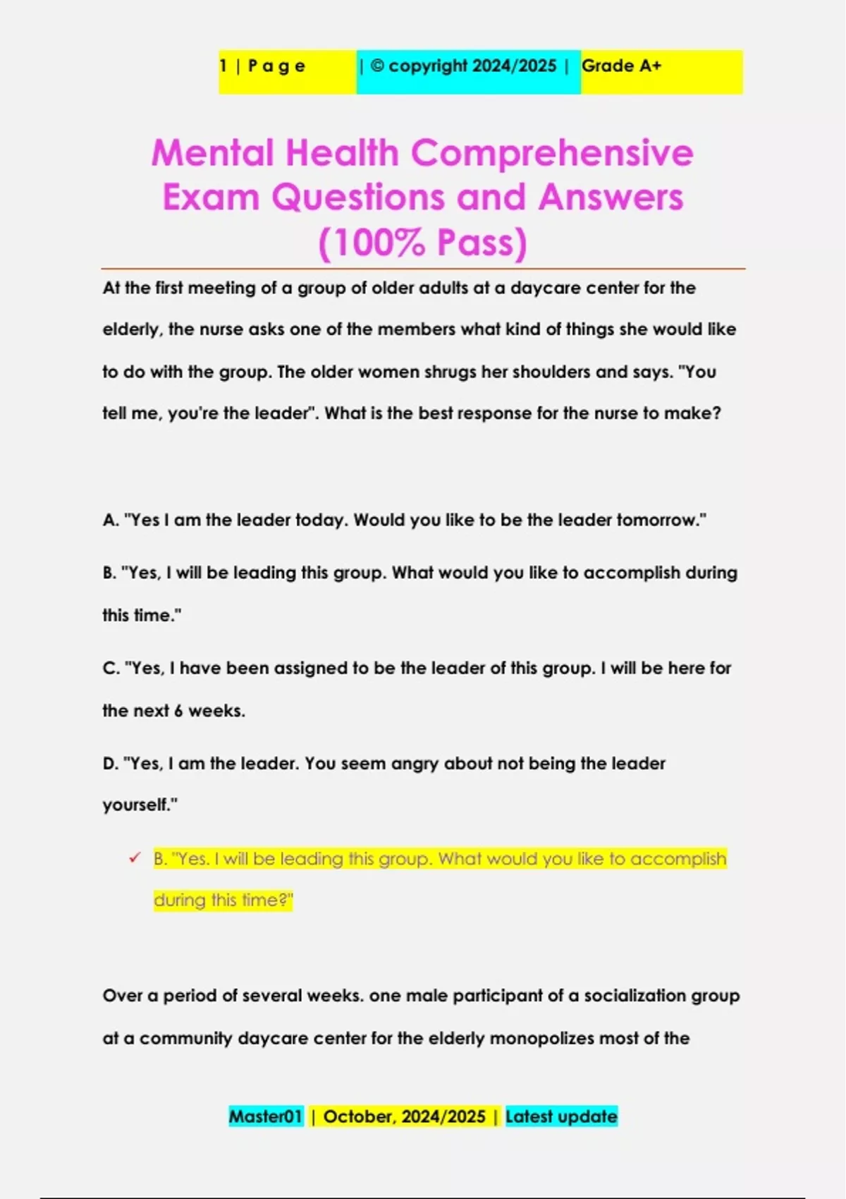 Mental Health Comprehensive Exam Questions and Answers (100% Pass ...