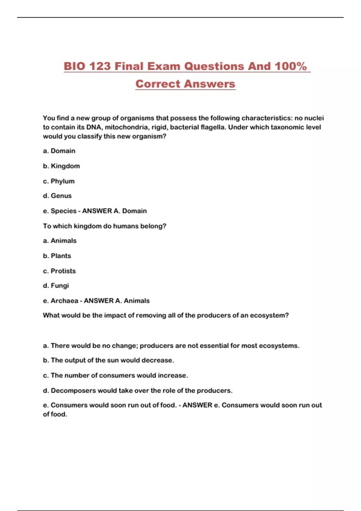 BIO 123 Final Exam Questions And 100% Correct Answers - BIO 123 - Stuvia US