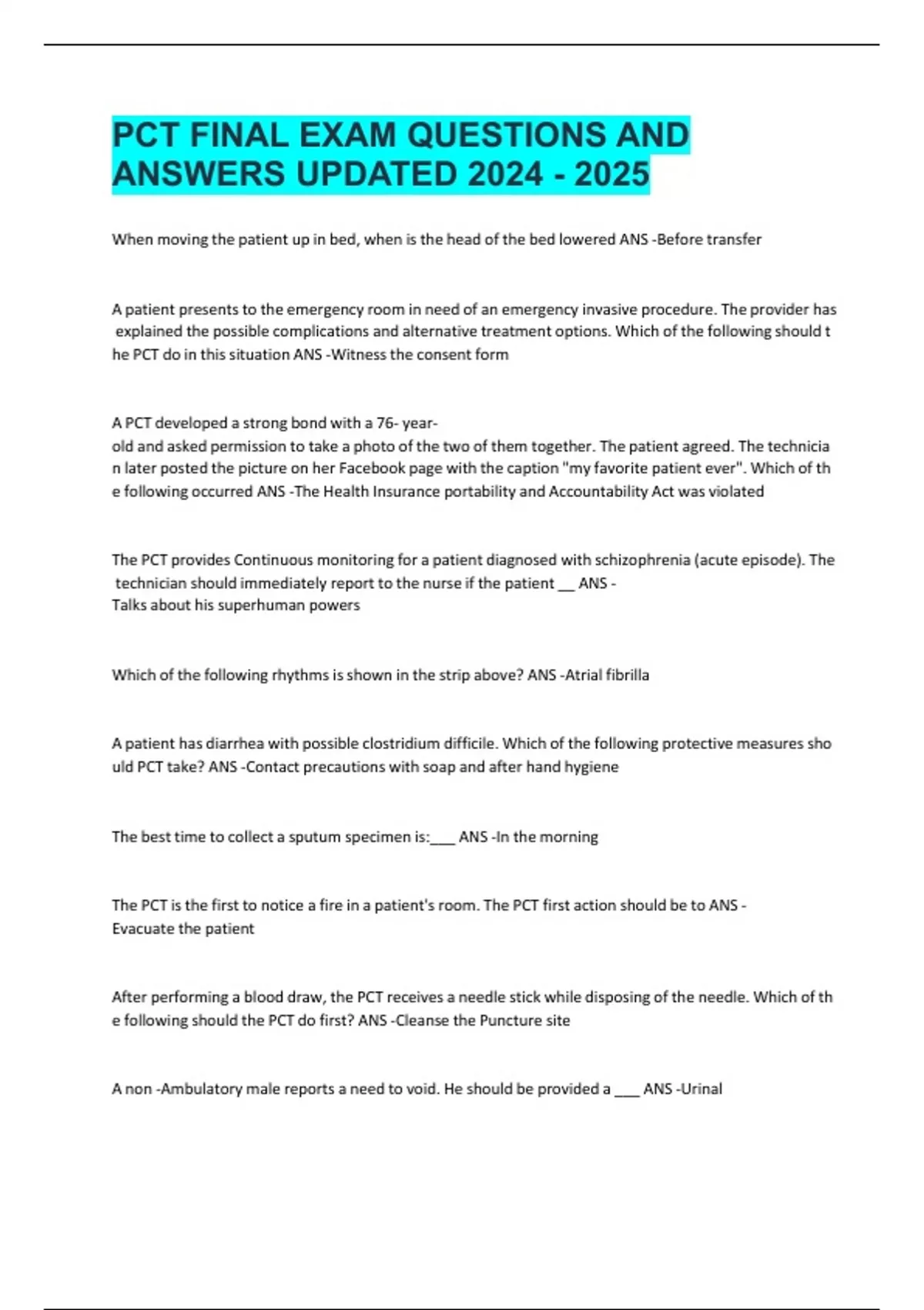 PCT FINAL EXAM QUESTIONS AND ANSWERS UPDATED - Air Methods Critical ...