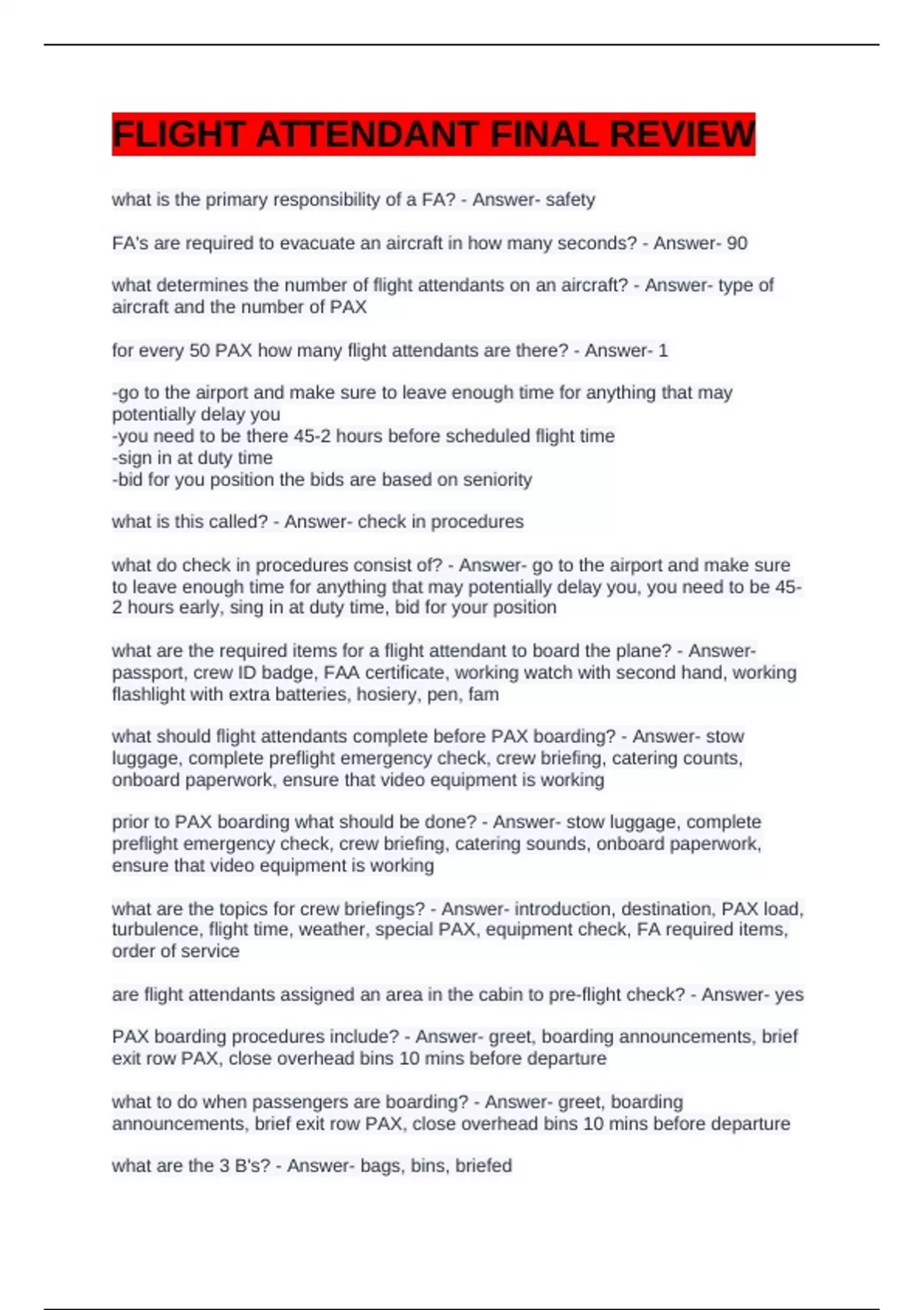 FLIGHT ATTENDANT FINAL EXAM QUESTIONS AND ANSWERS - Flight attendant ...