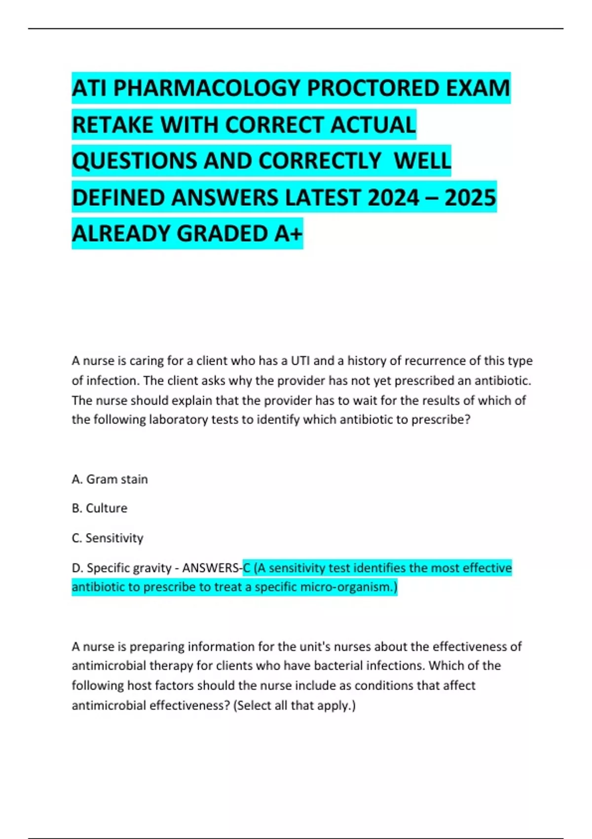 ATI PHARMACOLOGY PROCTORED EXAM RETAKE WITH CORRECT ACTUAL QUESTIONS ...