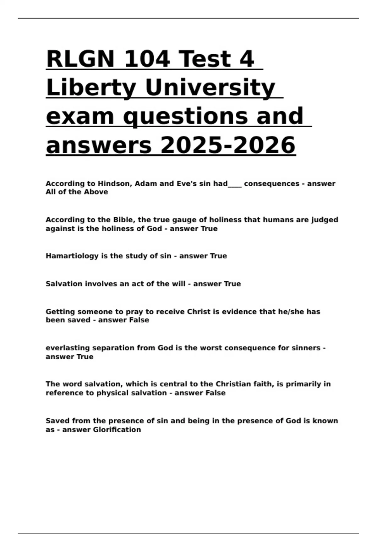 RLGN 104 Test 4 Liberty University exam questions and answers ...