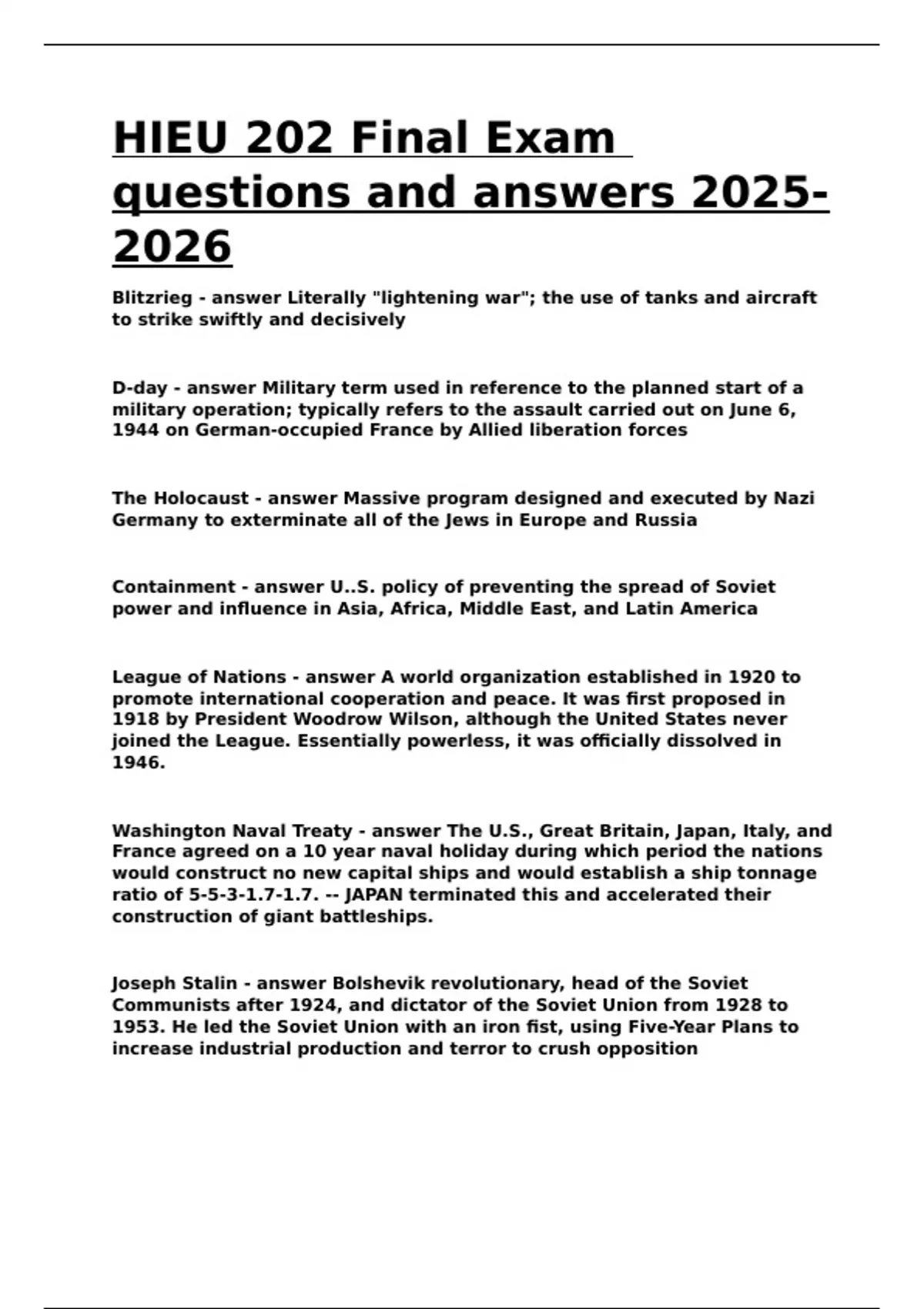 HIEU 202 Final Exam questions and answers . - HIEU 201 Liberty ...
