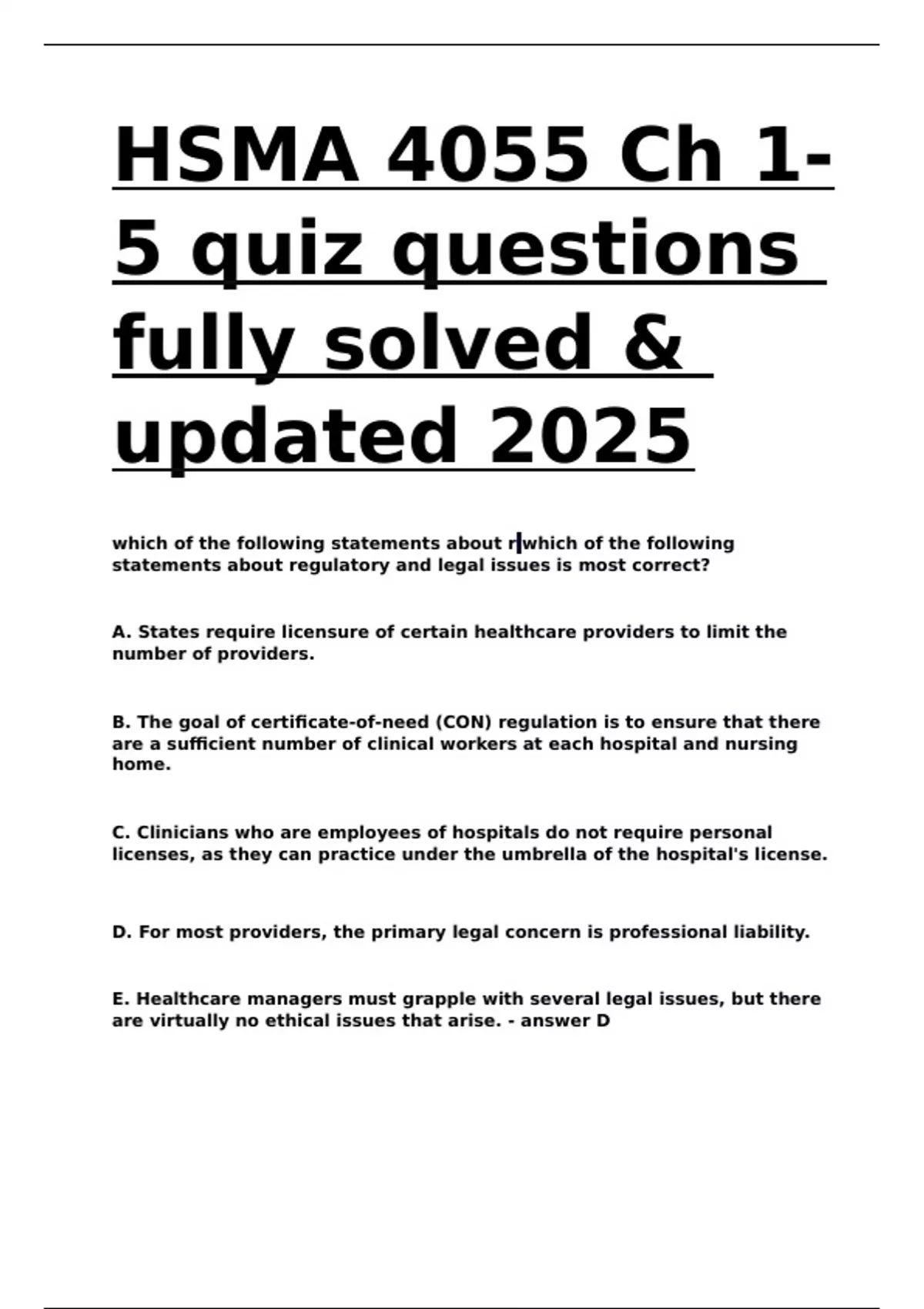 HSMA 4055 Ch 1- 5 quiz questions fully solved & updated 2025. - NSG ...
