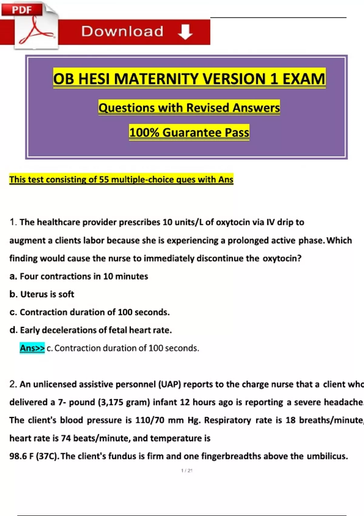 2025/2026 OB HESI Maternity Version 1 Exam Questions and Verified ...