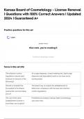 Kansas Board of Cosmetology - License Renewal &vert; Questions with 100&percnt; Correct Answers &vert; Updated 2024 &vert; Guaranteed A&plus;