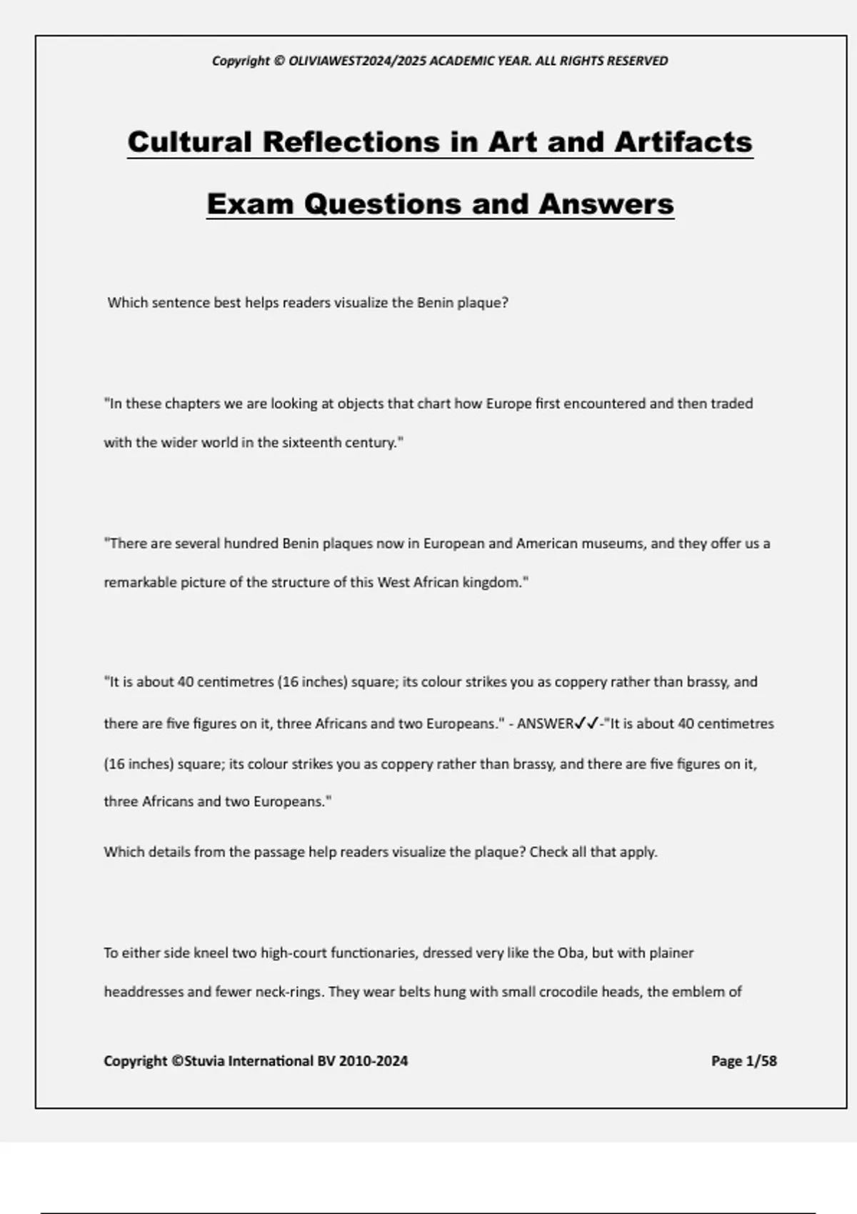 Cultural Reflections in Art and Artifacts Exam Questions and Answers ...