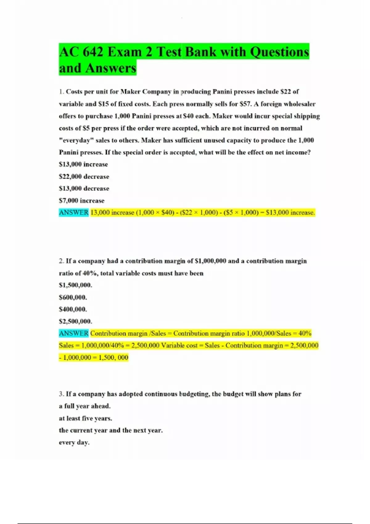 AC 642 Exam 2 Test Bank with Questions and Answers - AC 642 - Stuvia US