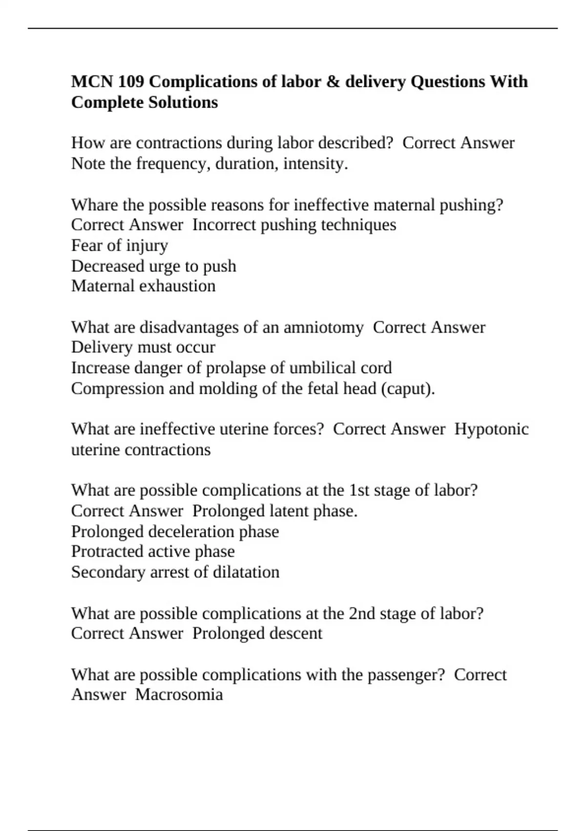 MCN 109 Complications of labor & delivery Questions With Complete ...