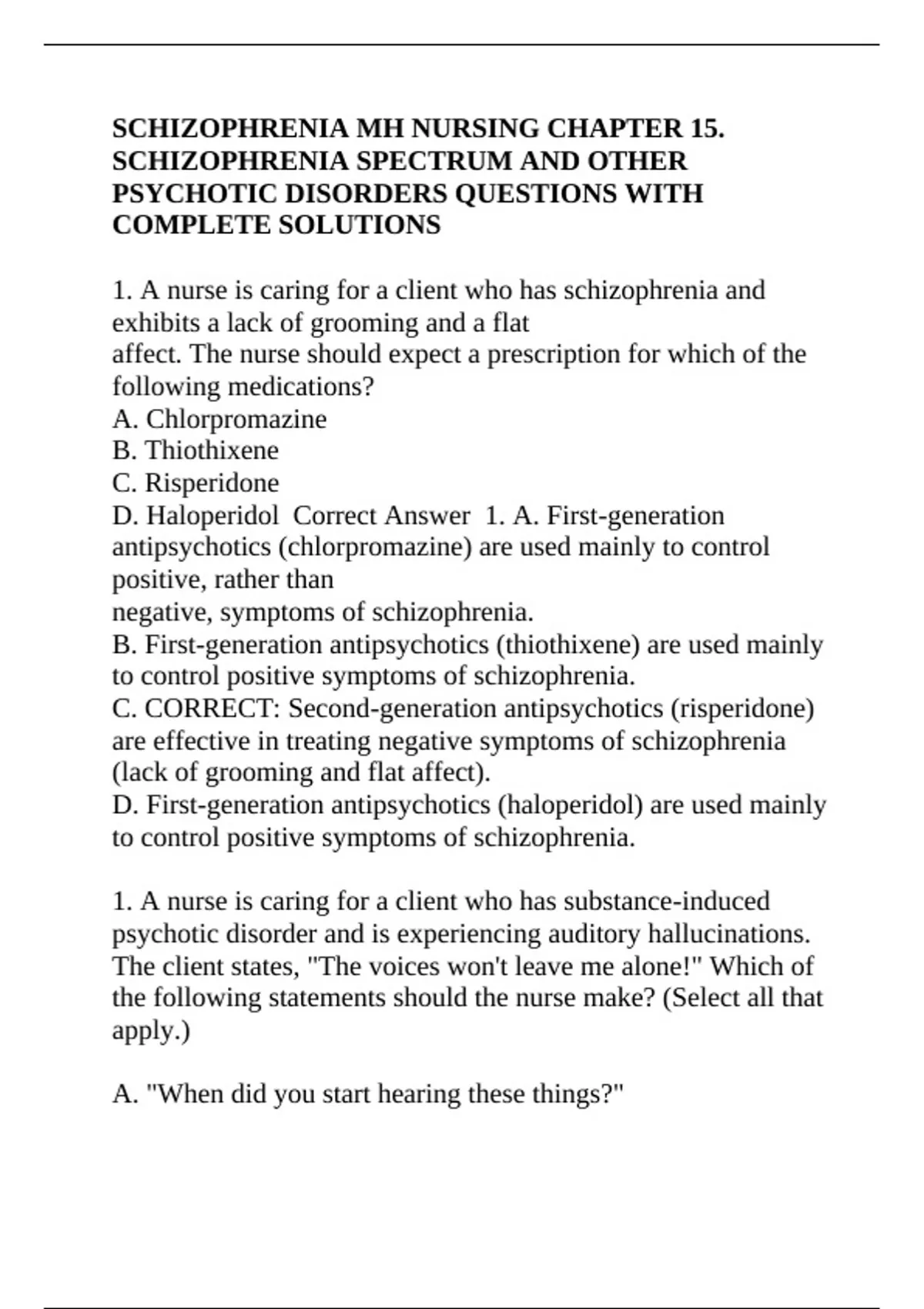 SCHIZOPHRENIA MH NURSING CHAPTER 15. SCHIZOPHRENIA SPECTRUM AND OTHER ...