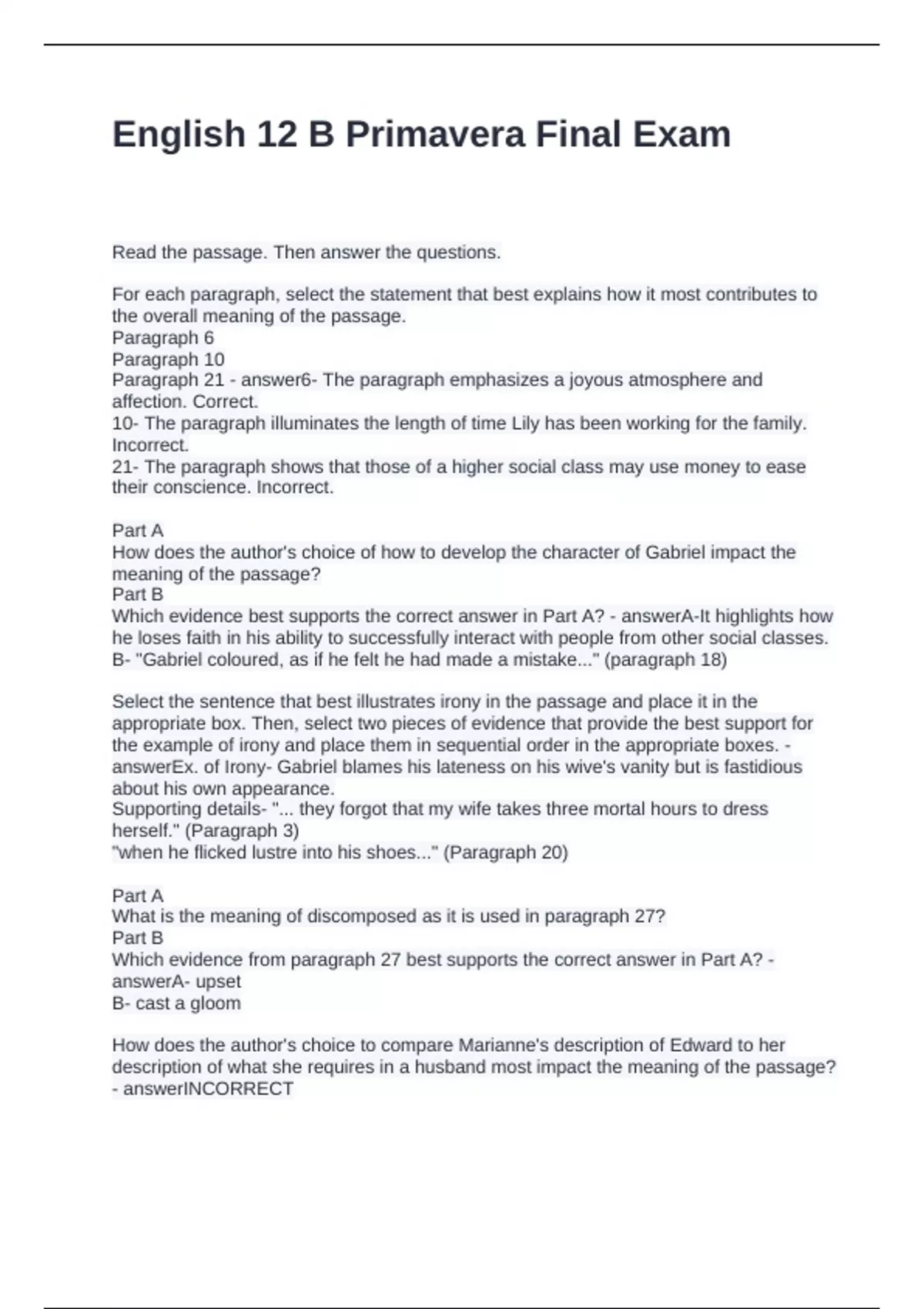 English 12 B Primavera Final Exam Questions and Answers 100% Solved ...