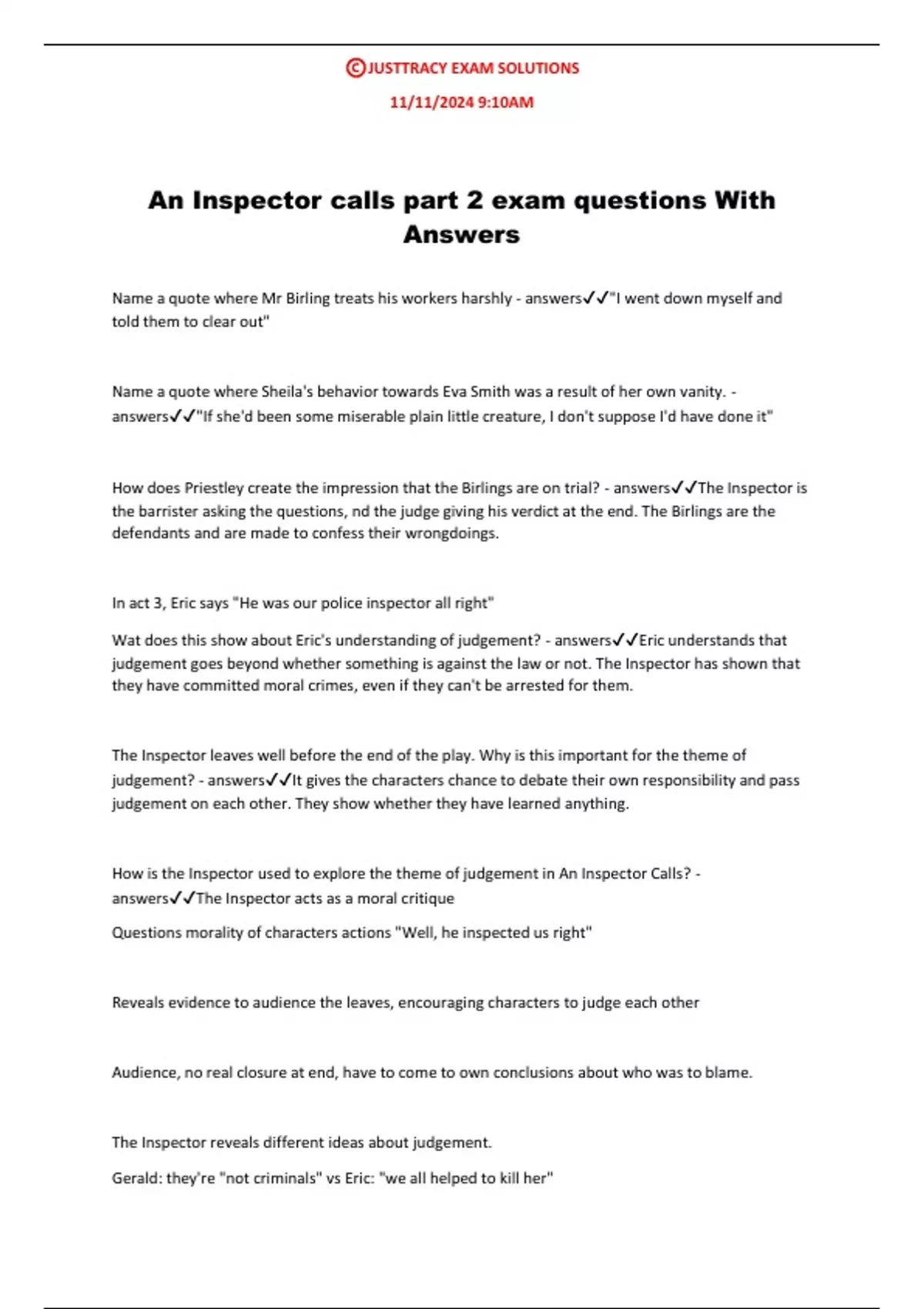 An Inspector calls part 2 exam questions With Answers - An Inspector