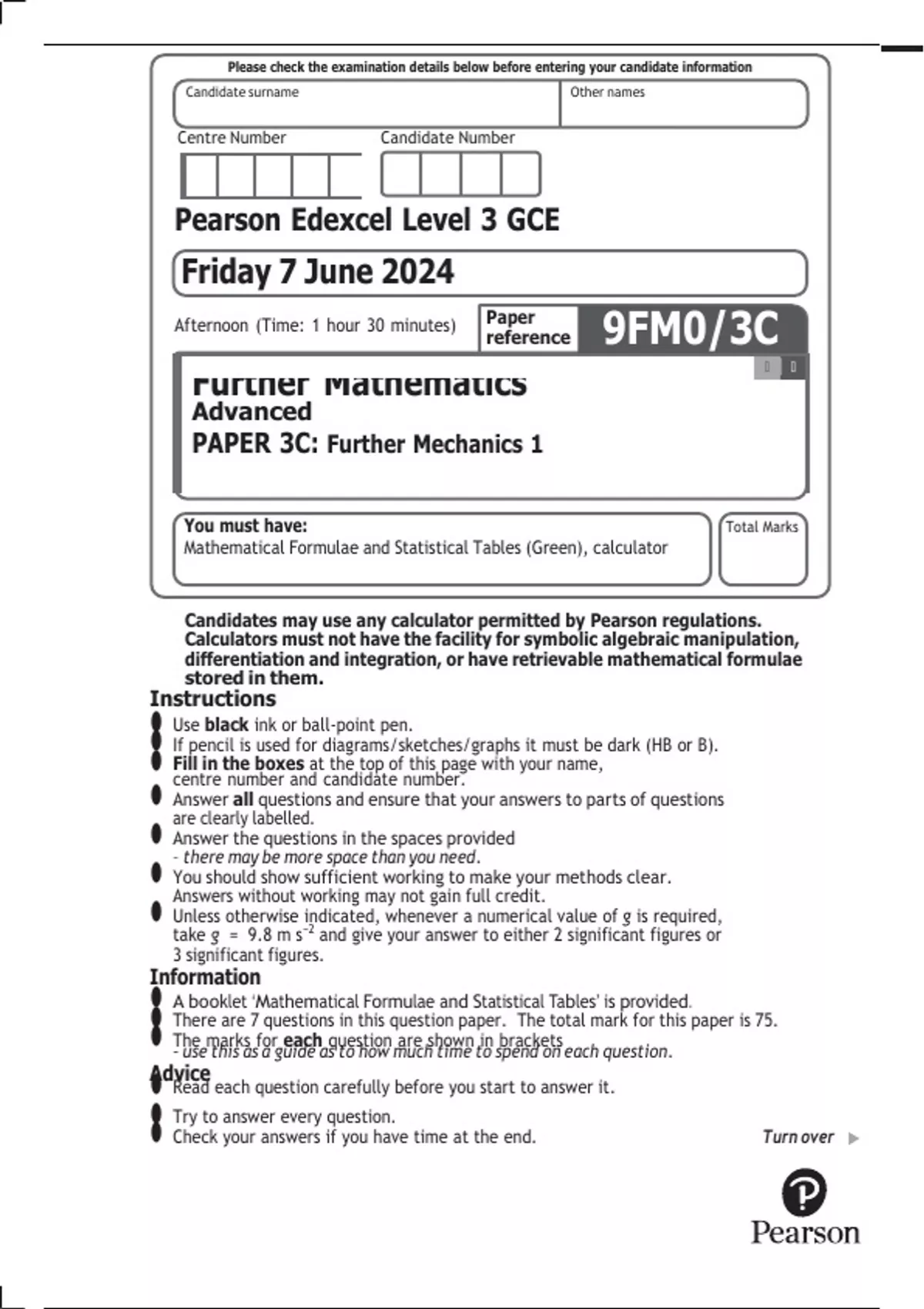 2024 Pearson Edexcel GCE In A level Further Mathematics Paper 9FM0/3C ...
