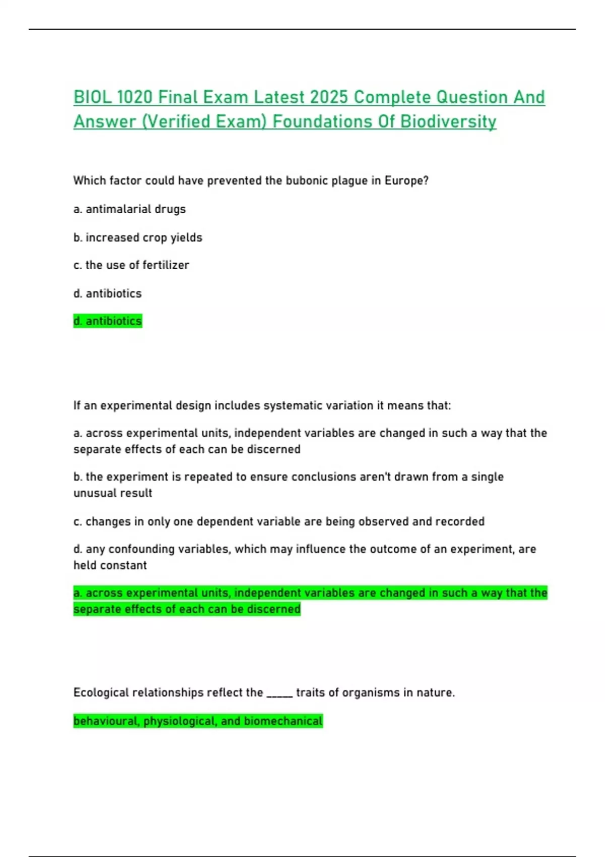 BIOL 1020 Final Exam Latest 2025 Complete Question And Answer (Verified ...