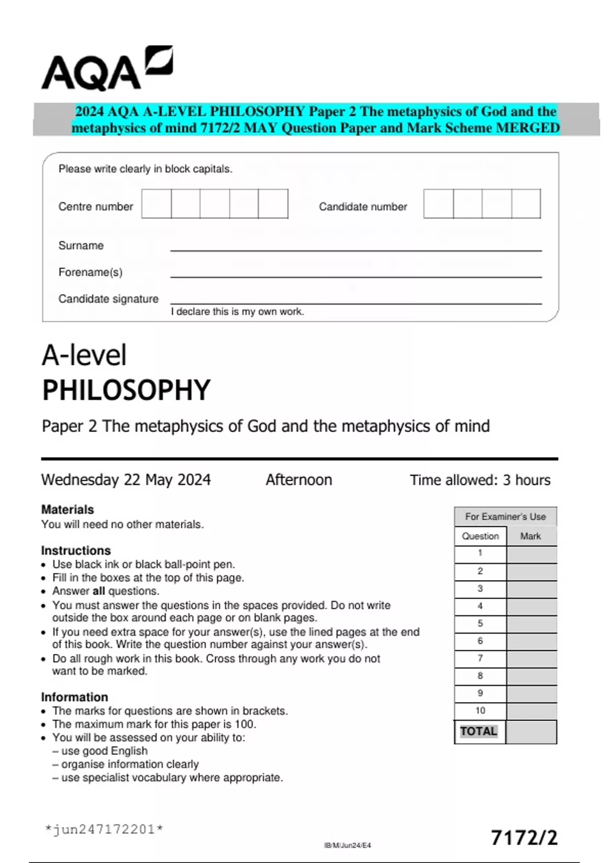2024 AQA A-LEVEL PHILOSOPHY Paper 2 The metaphysics of God and the ...