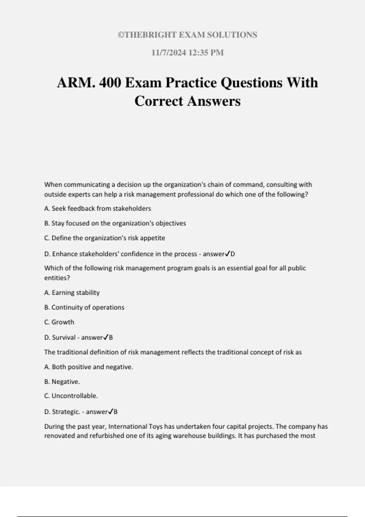 ARM. 400 Exam Practice Questions With Correct Answers - ARM 400 - Stuvia US