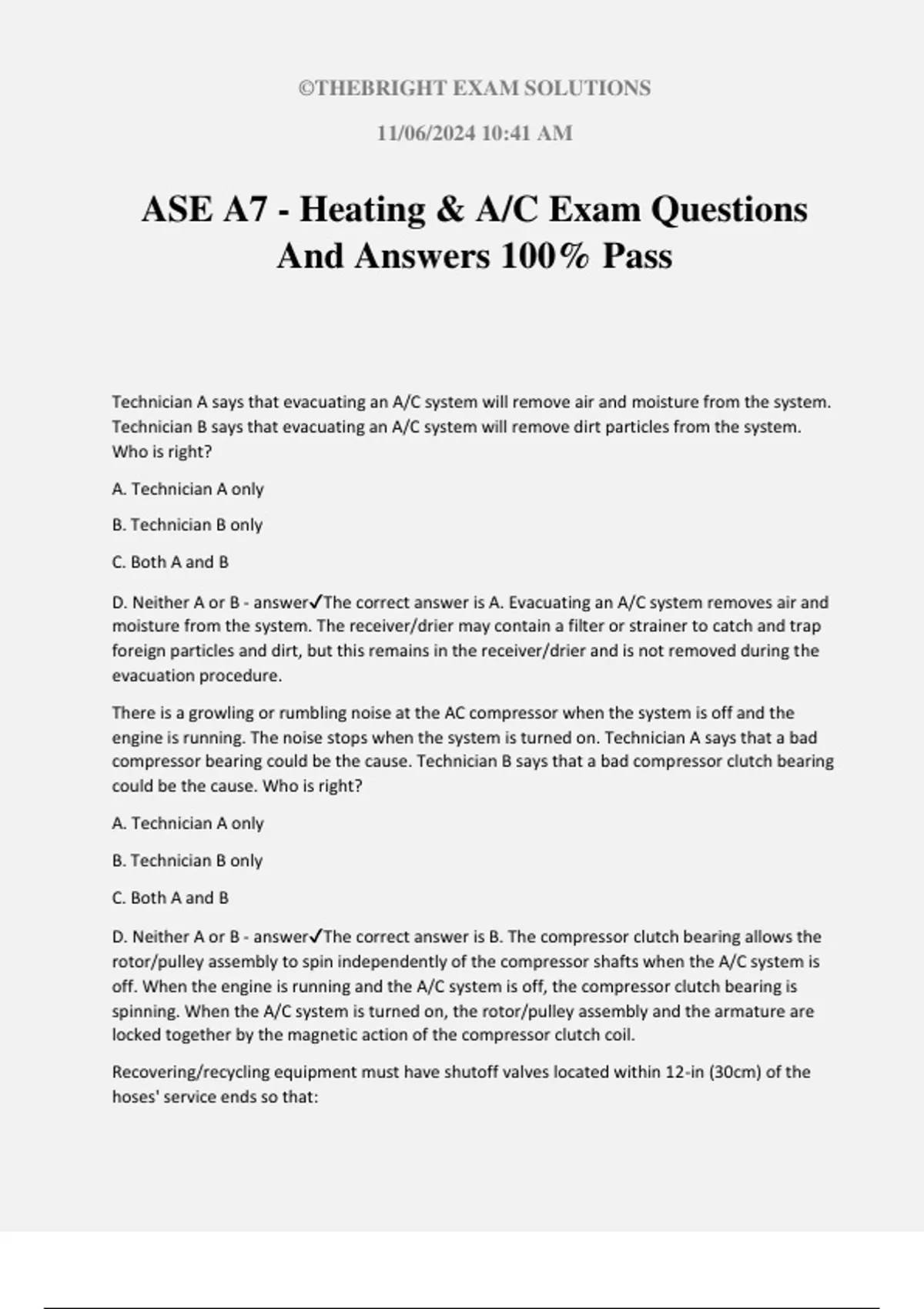 ASE A7 - Heating & A/C Exam Questions And Answers 100% Pass - ASE ...