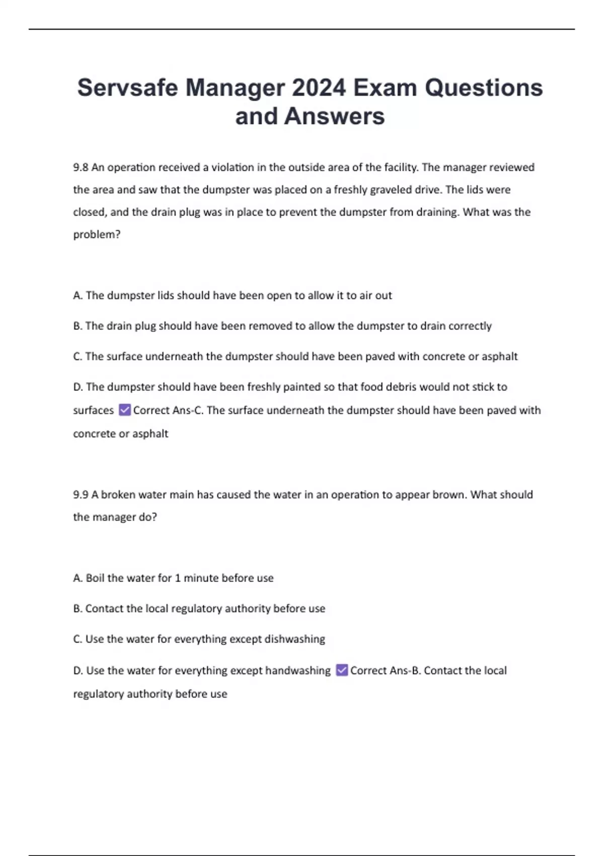 Servsafe Manager 2024 Exam Questions and Answers - Food Manager - Stuvia US