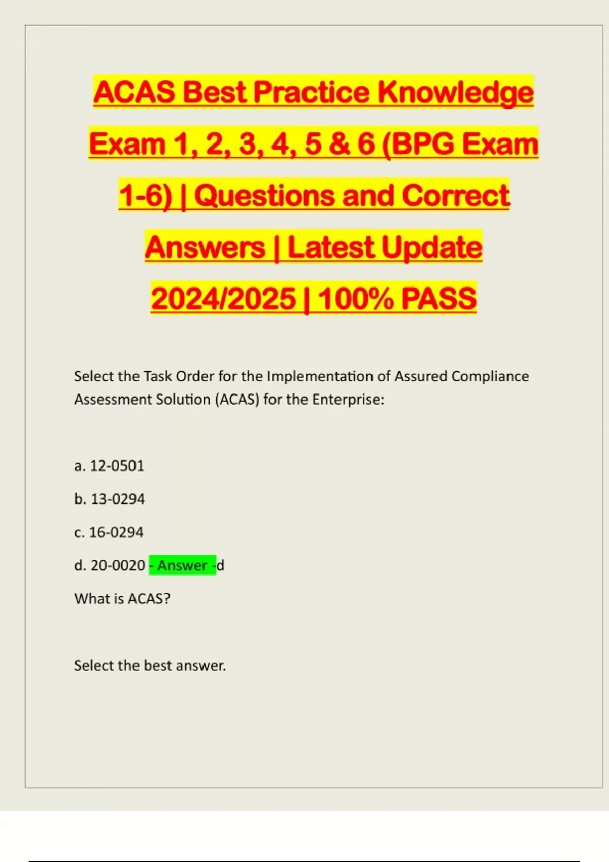 ACAS BEST PRACTICE KNOWLEDGE EXAM 1,2,3,4,5 AND 6 ACTUAL 2025/2026 ...