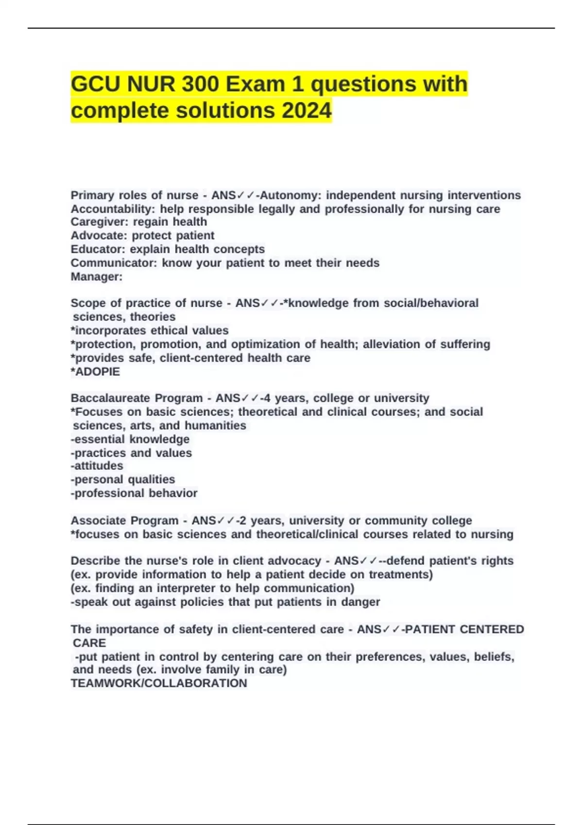 GCU NUR 300 Exam 1 questions with complete solutions 2024 - NSG 300 ...