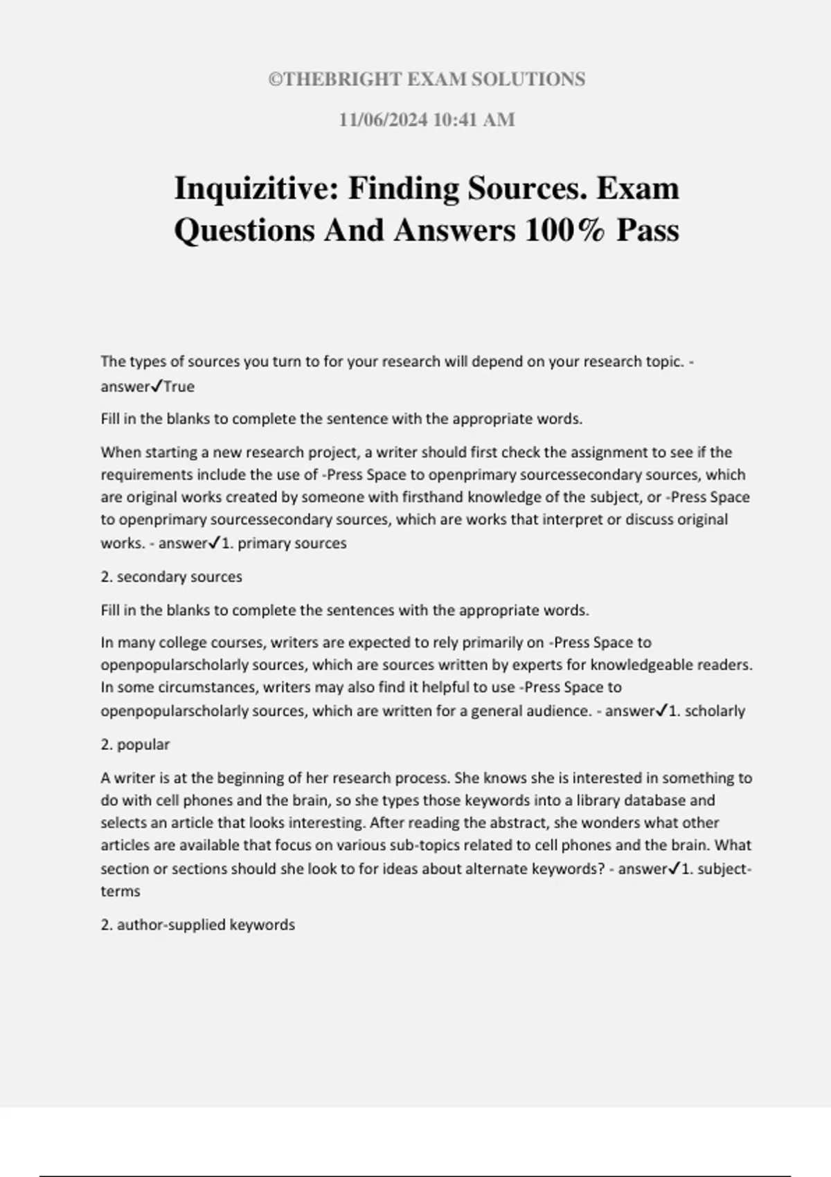 Inquizitive: Finding Sources. Exam Questions And Answers 100% Pass ...