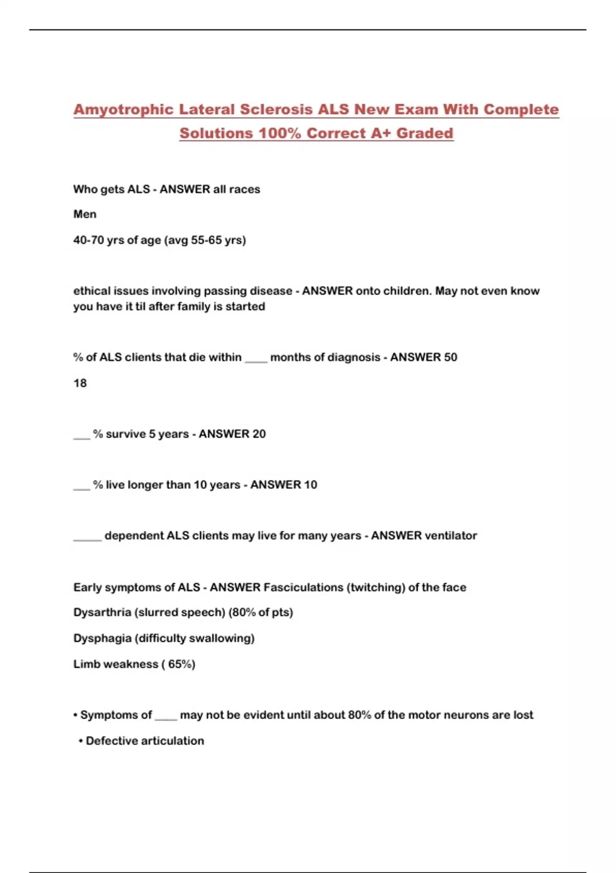 Amyotrophic Lateral Sclerosis Als New Exam With Complete Solutions 100
