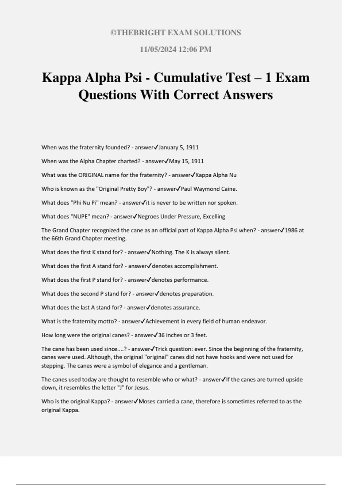 Kappa Alpha Psi - Cumulative Test – 1 Exam Questions With Correct ...