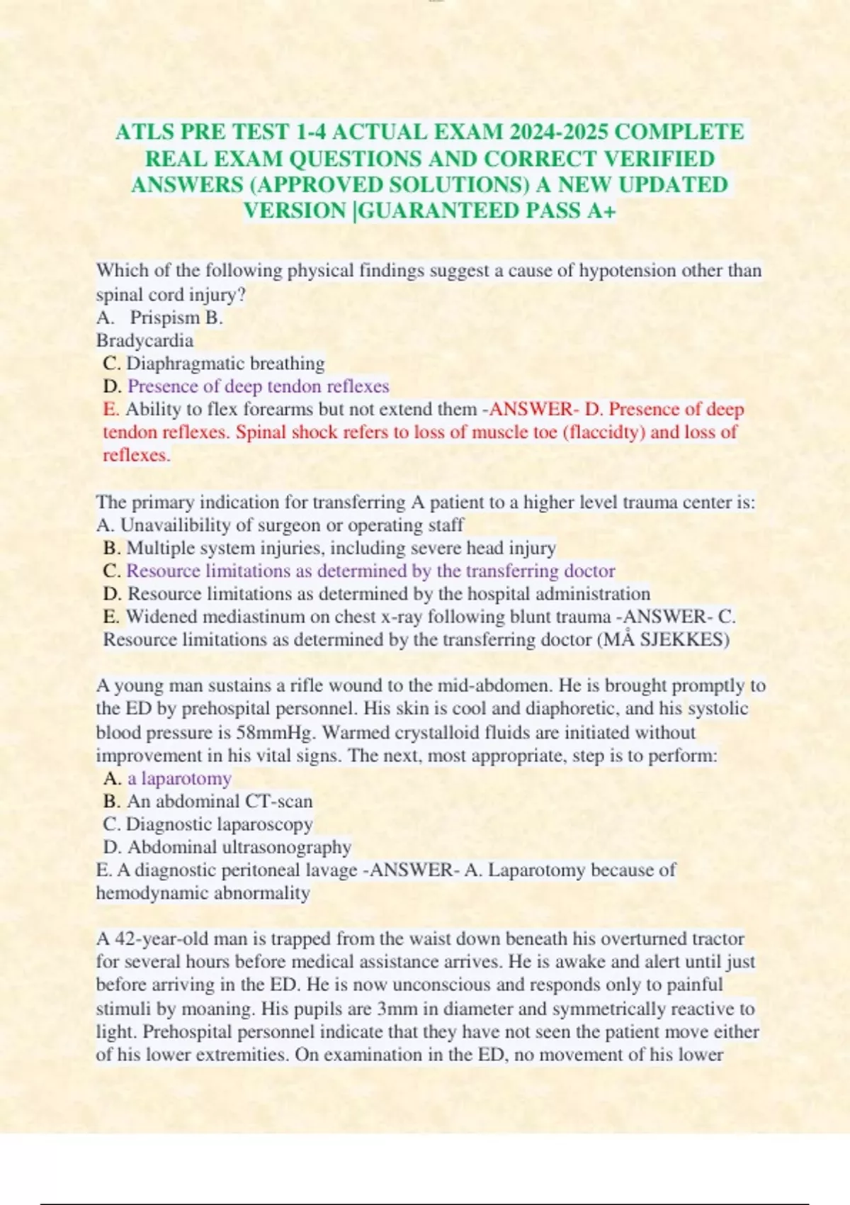 ATLS PRE TEST 1-4 ACTUAL EXAM COMPLETE REAL EXAM QUESTIONS AND CORRECT ...
