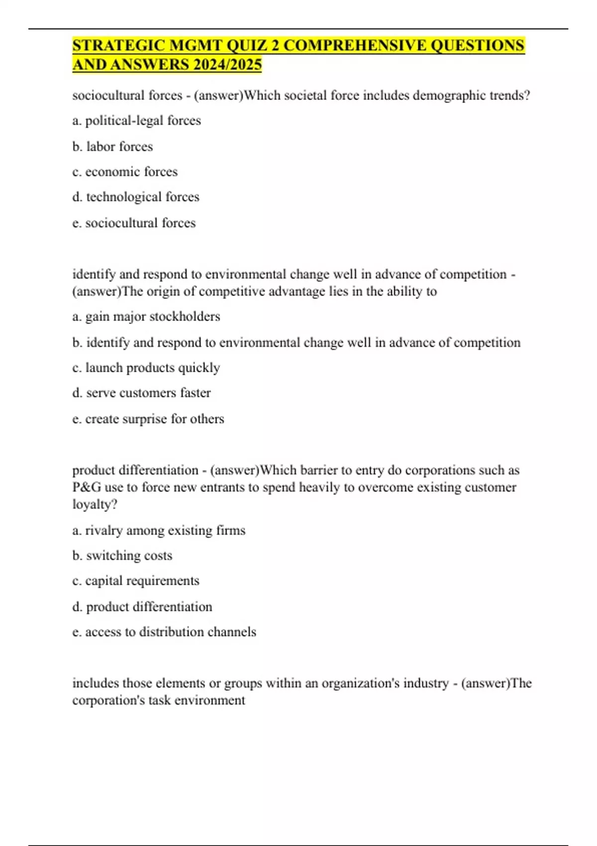 Strategic Mgmt QUIZ 2 COMPREHENSIVE QUESTIONS AND ANSWERS 2024/2025 ...