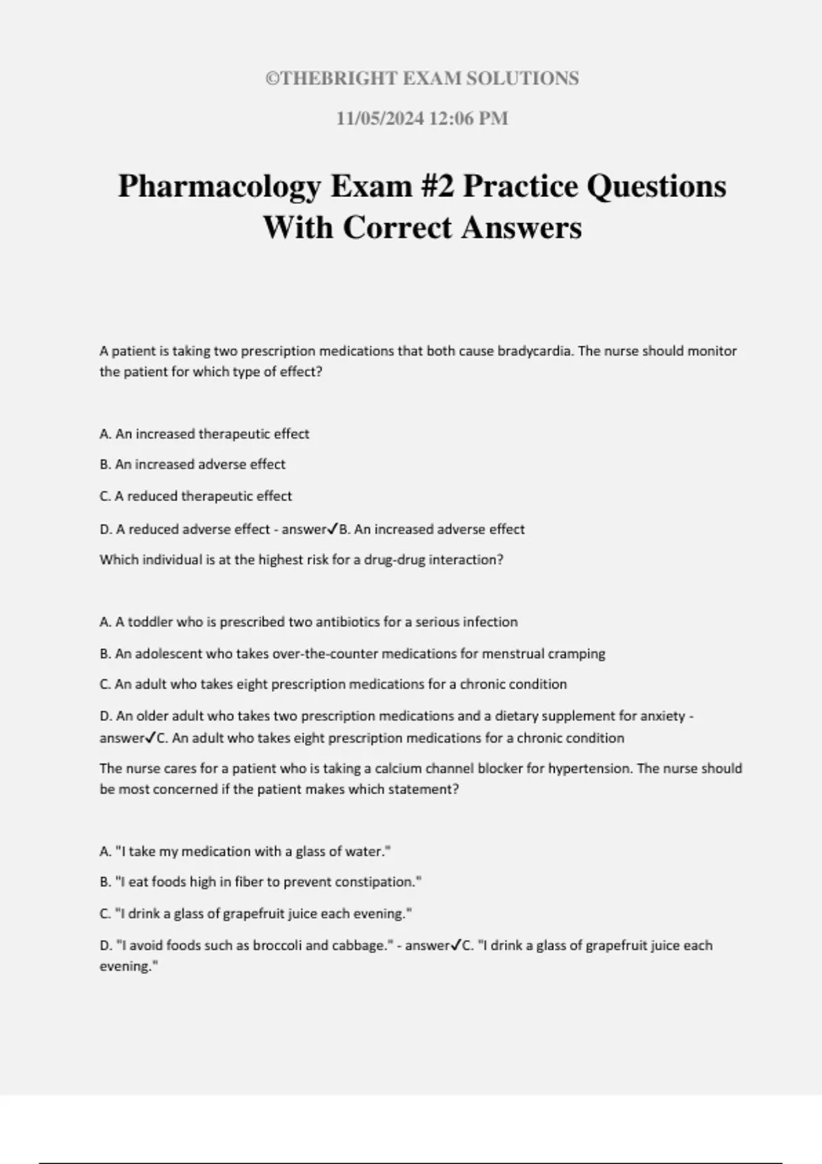 Pharmacology Exam #2 Practice Questions With Correct Answers ...