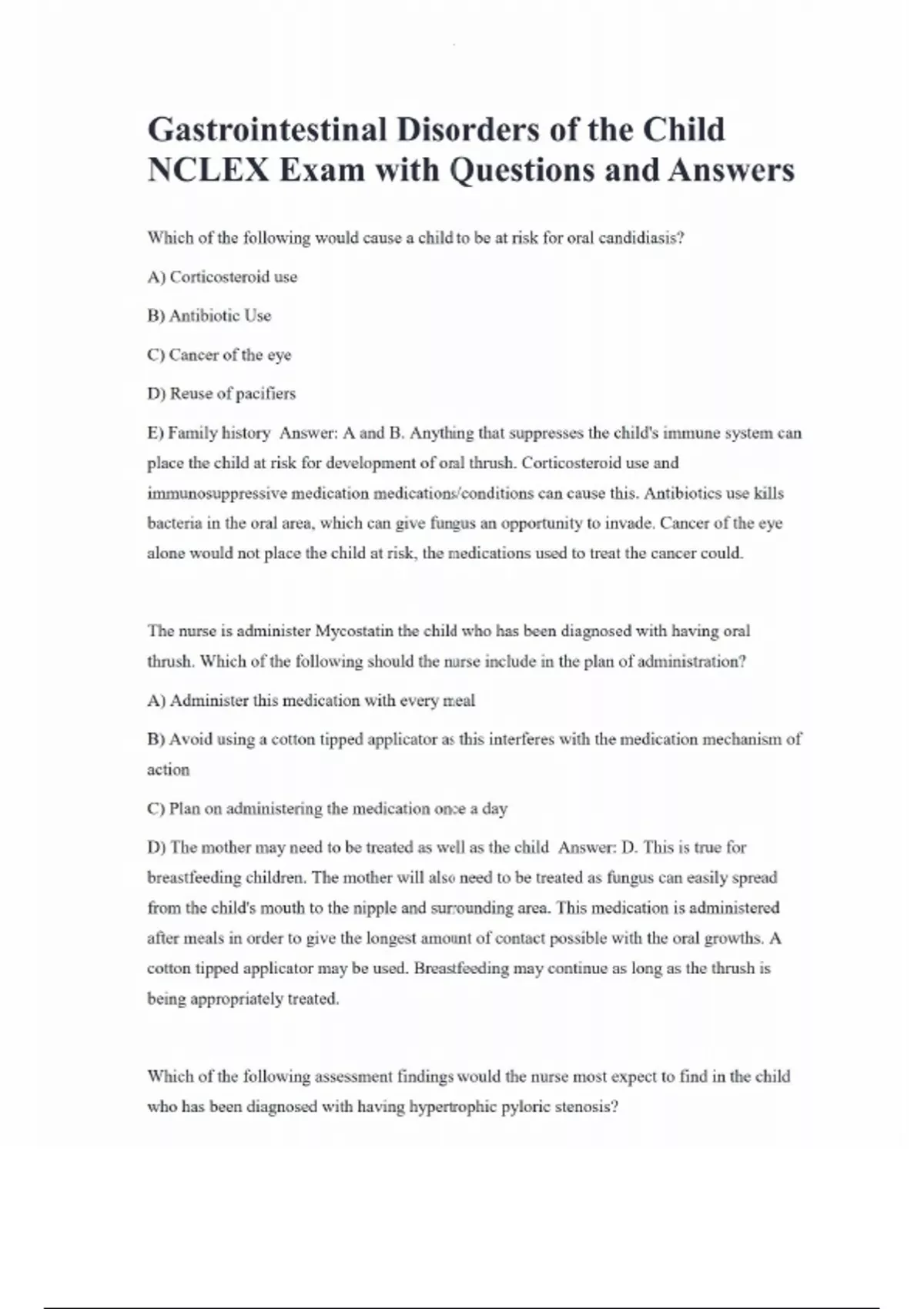 Gastrointestinal Disorders of the Child NCLEX Exam with Questions and ...