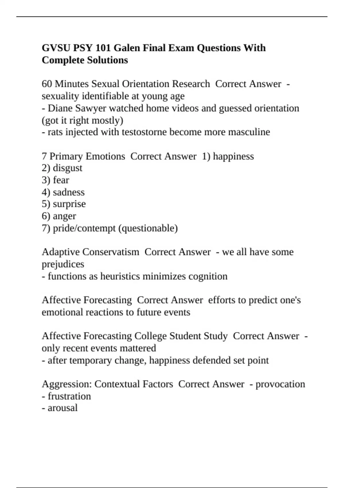 GVSU PSY 101 Galen Final Exam Questions With Complete Solutions - PSY ...