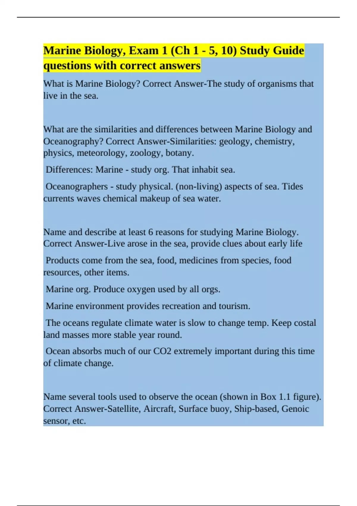 Marine Biology, Exam 1 (Ch 1 - 5, 10) Study Guide questions with ...